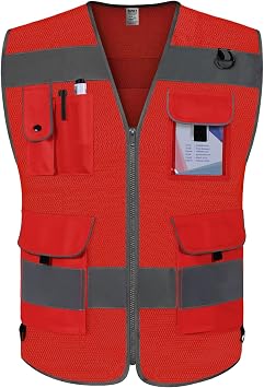 TCCFCCT Mesh Safety Vest 9 Pockets High Vis Reflective Vest, Red 3XL