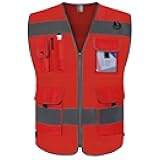 TCCFCCT Mesh Red Safety Vest for Men Women 9 Pockets High Visibility Reflective Vest for Safety, Work Vest with Reflective Strips, Meets ANSI/ISEA Standards, Large