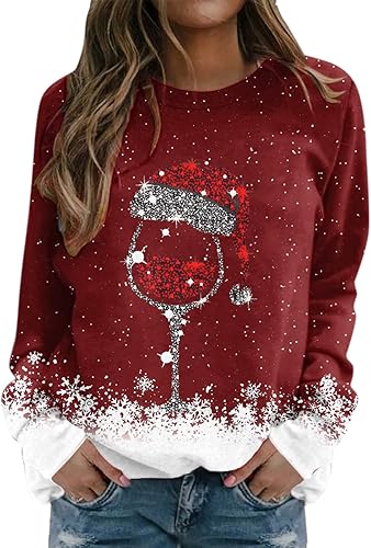 Women Christmas Printing Sweatshirt Top Glass Hat Long Sleeved Casual Blouse Temperament Pullover Cyber Of Day Deal