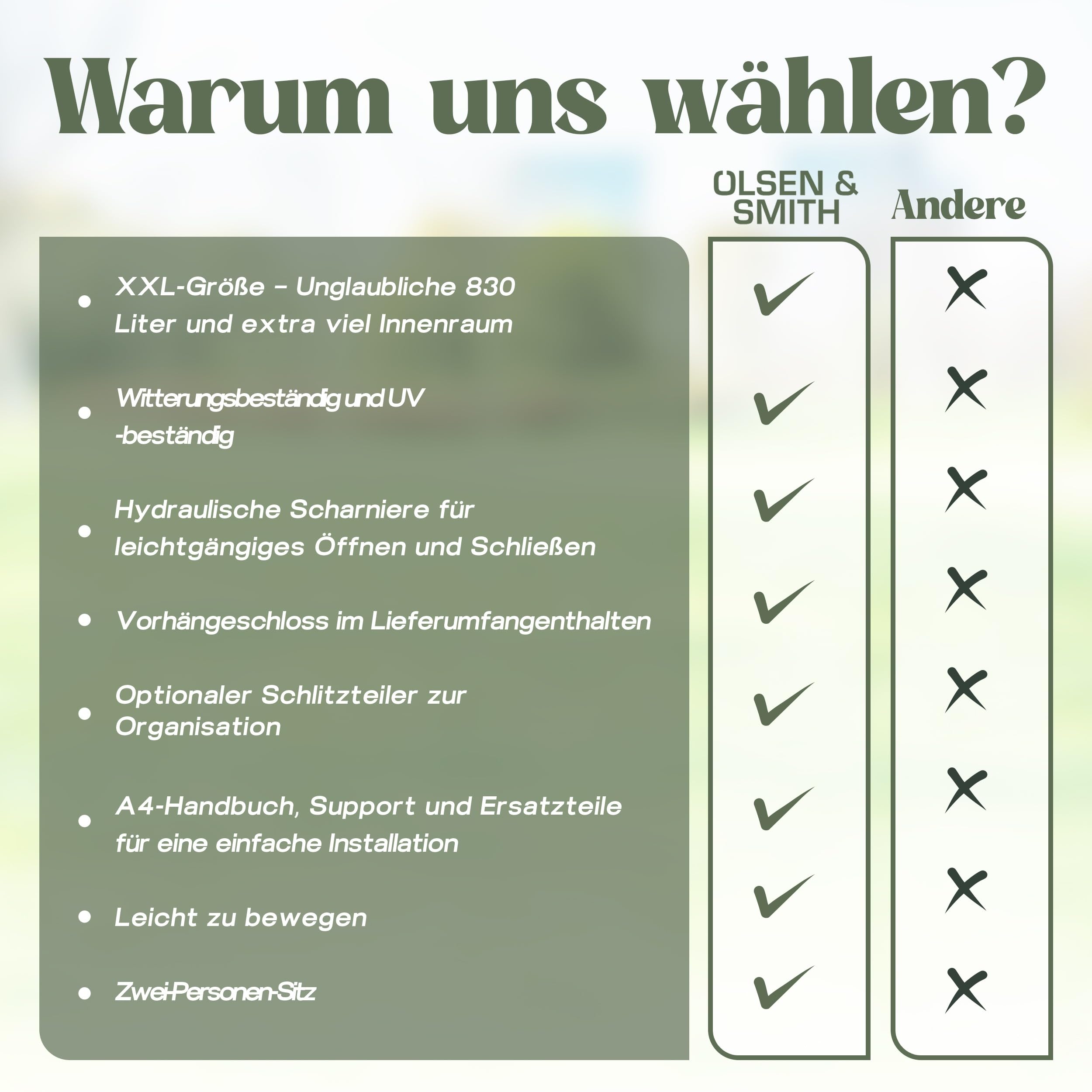 Olsen & Smith Abschließbare XXL 830L Aufbewahrungsbox mit Deckel Groß – Wetterfeste Gartenbox & Sitzbank mit Gasdruckfeder – Wasserdicht Auflagenbox & Kissenbox – Gartentruhe Anthrazit Holzoptik