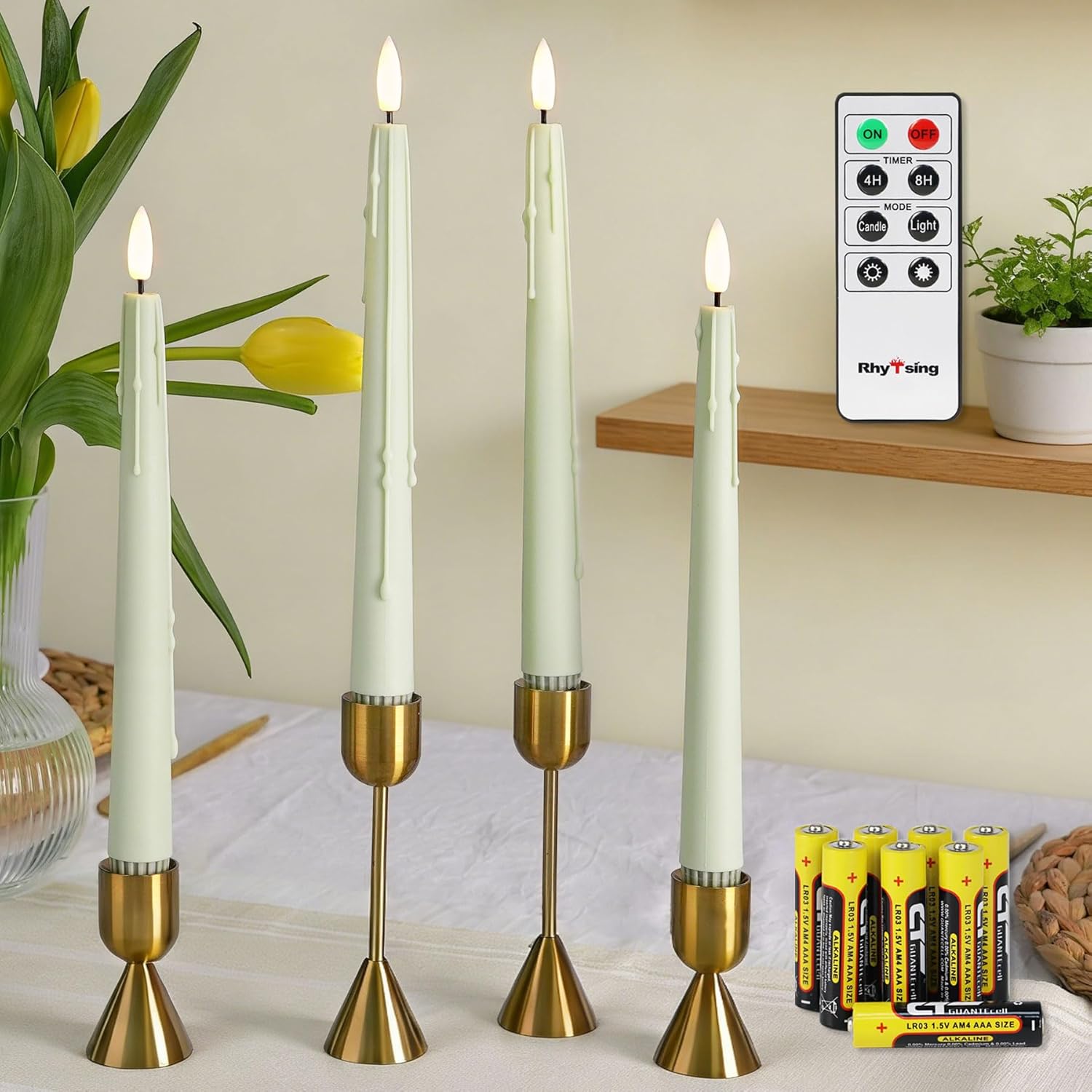 Rhytsing 9.6 inches Sage Green Flameless Taper Candle with Remote, Battery Operated LED Dinner Candles with Timer for Spring and Summer, Wax Dripping Design, 8 Batteries Included - Set of 4