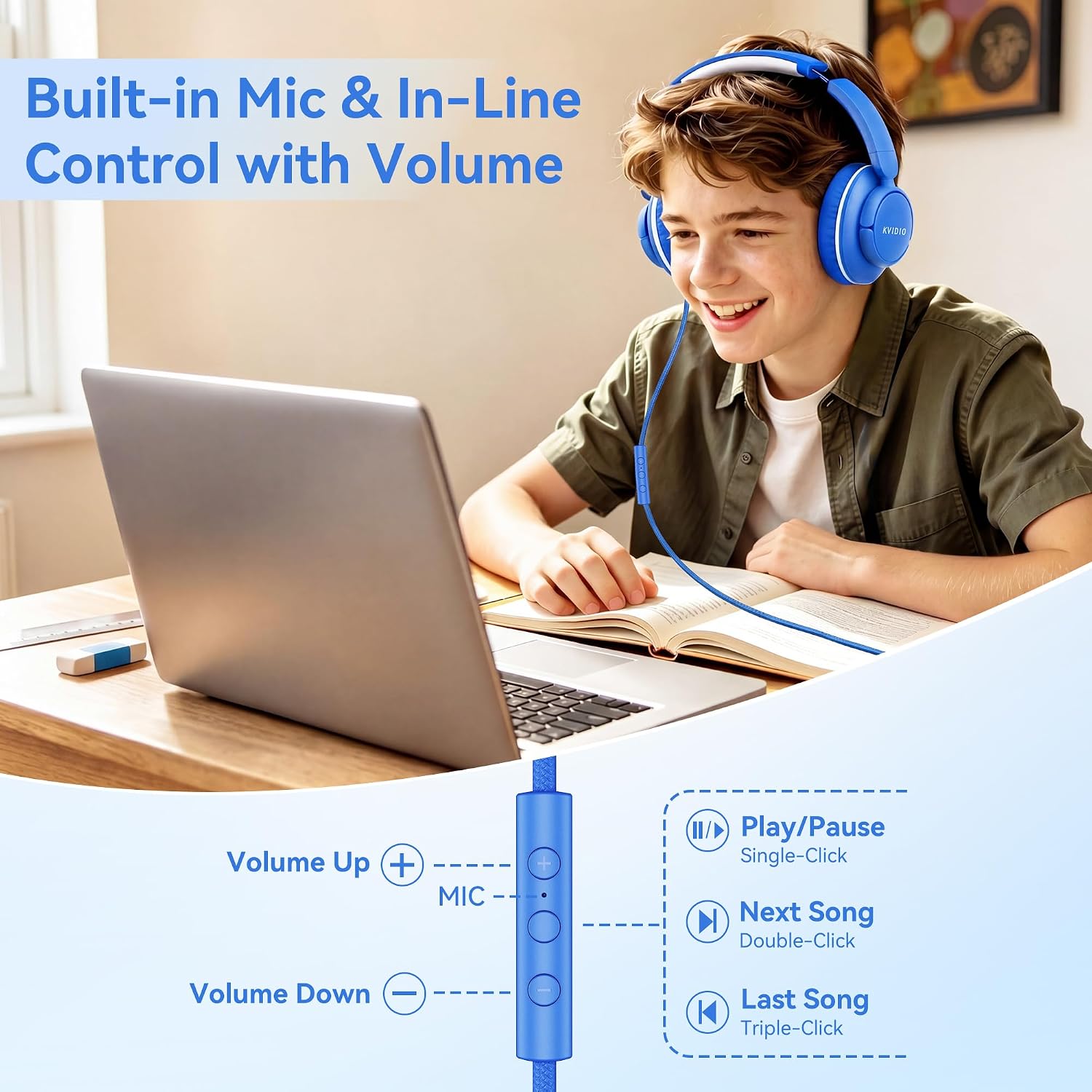 Wired Headphones with Mic, 3.5mm Headphones Volume Control for School Blue thumbnail