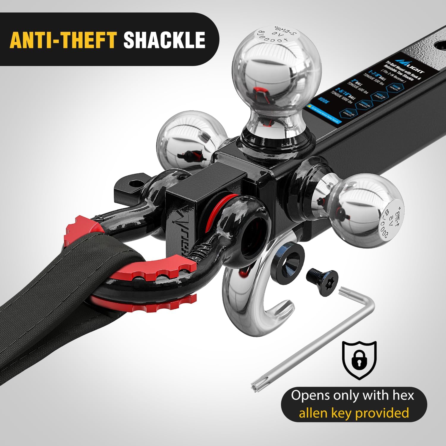 Nilight Trailer Hitch Tri-Ball Mount with Hook and Rotatable Tow Anti-Theft 3/4” Shackle Fits for 2inch Receiver Ball Size 1-7/8” 2” 2-5/16” GTW from 5000lbs to 10000lbs for RV SUV ATV Truck - Image 6