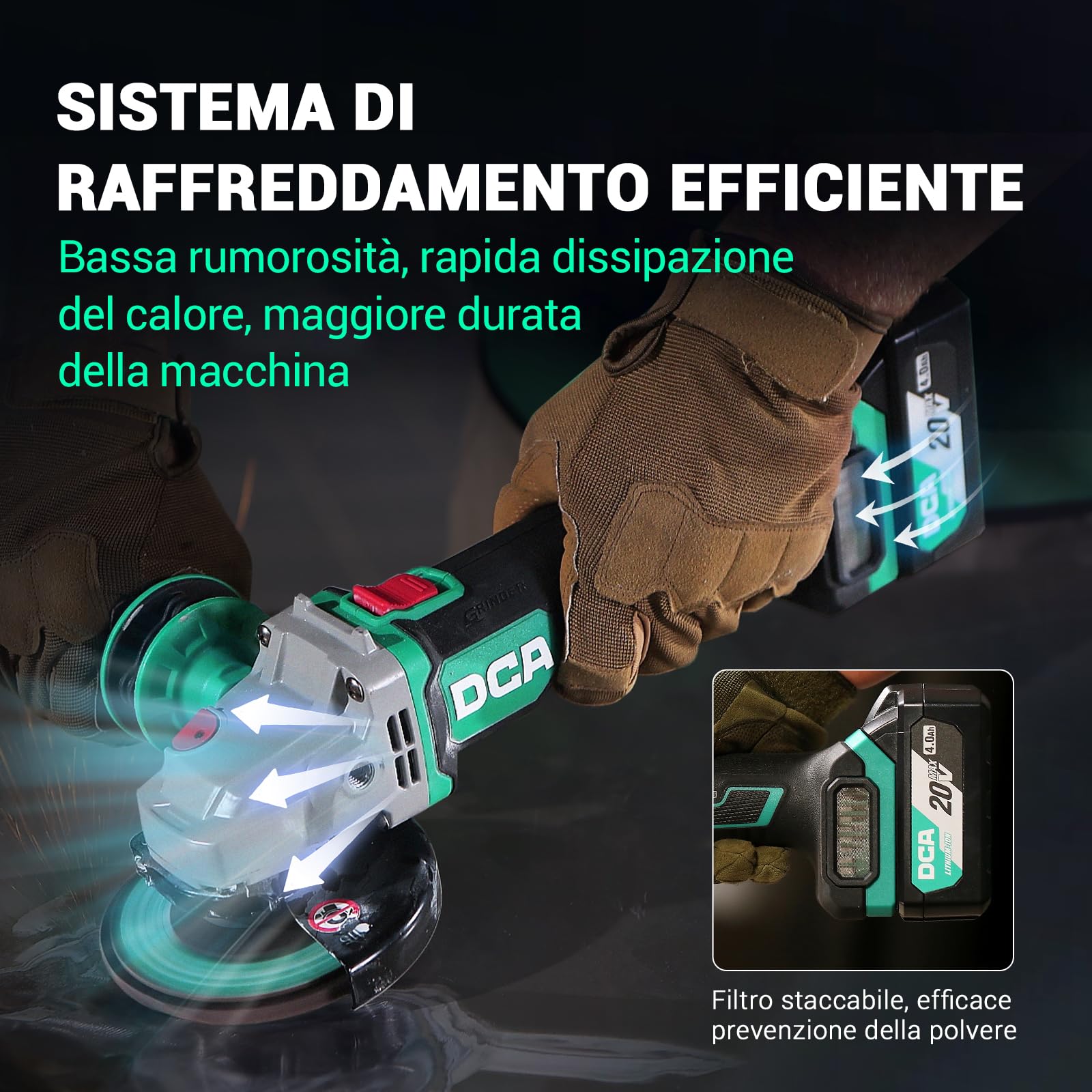 DCA Smerigliatrice Angolare a Batteria Brushless 20V, Ø125mm, incl. Batteria 4.0Ah & Caricabatterie Rapido, 8500 giri/min. con Coperchio a Sgancio Rapido, 6 Dischi per Taglio, Smerigliatura