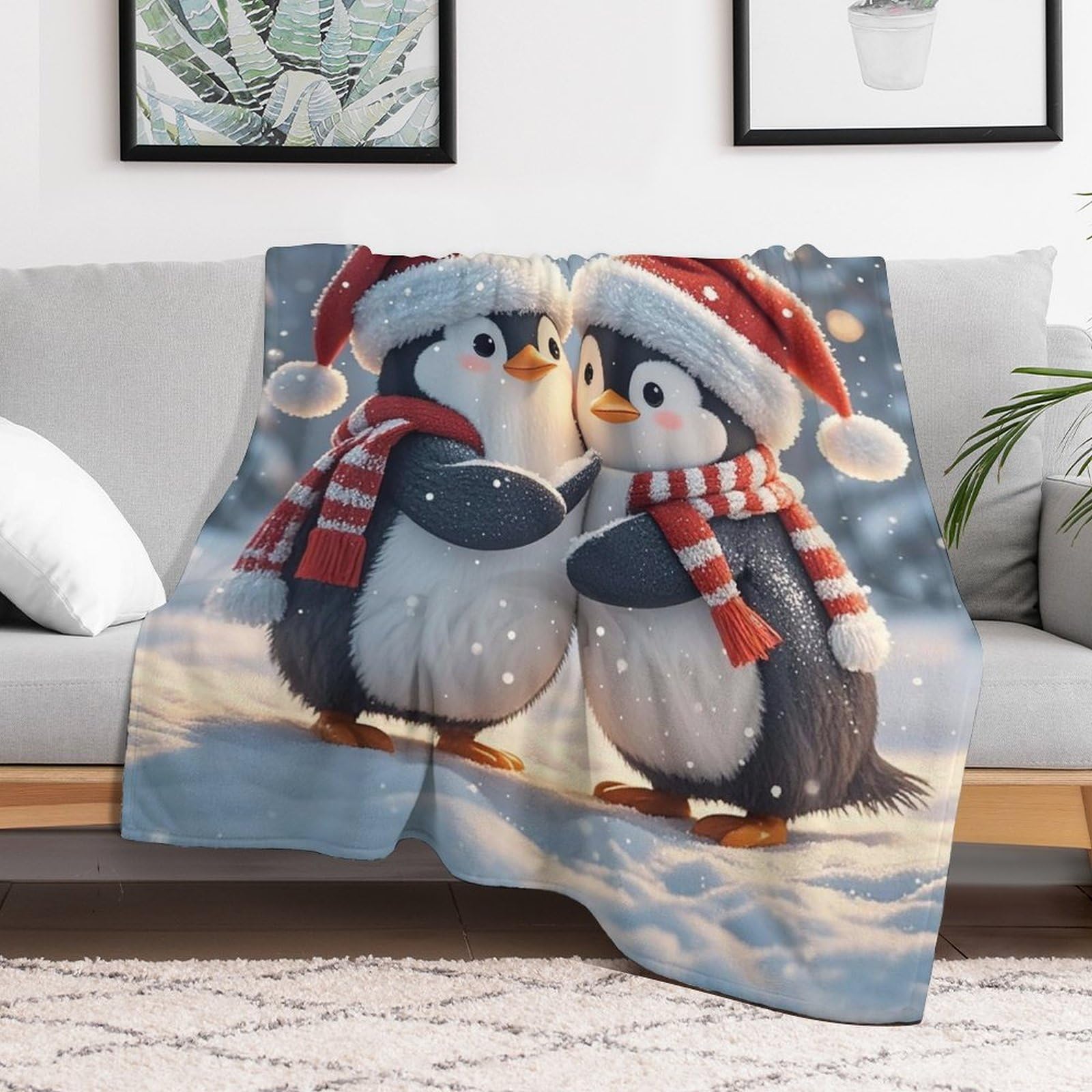 Couverture polaire en flanelle douillette jeté de lit motif pingouins