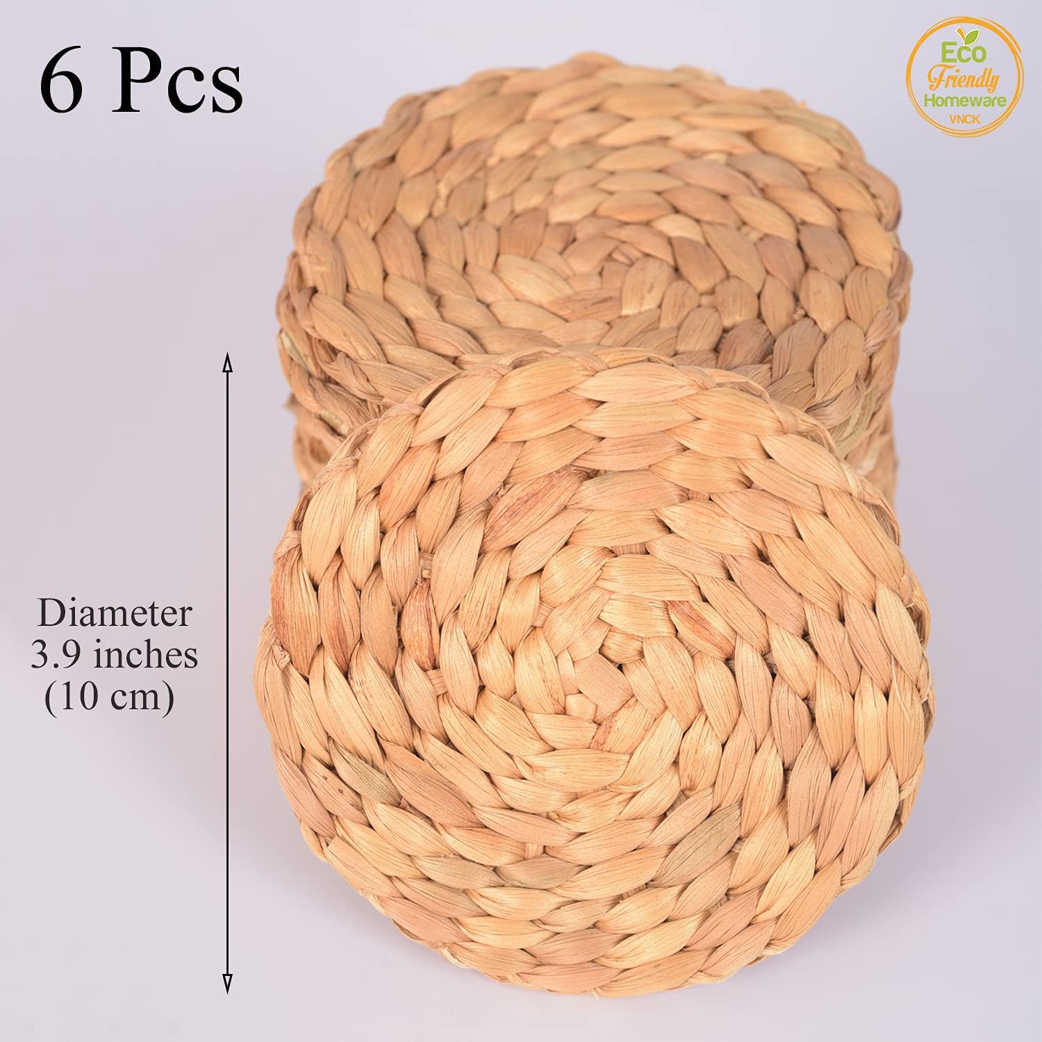 Water Hyacinth Coasters for Drinks Set of 6, Absorbent Woven Coasters for Coffee Table, Boho Rattan Cup Coasters, Farmhouse Style, Handmade Wicker Drink Coaster for Desk, Kitchen, Housewarming Gift image 2