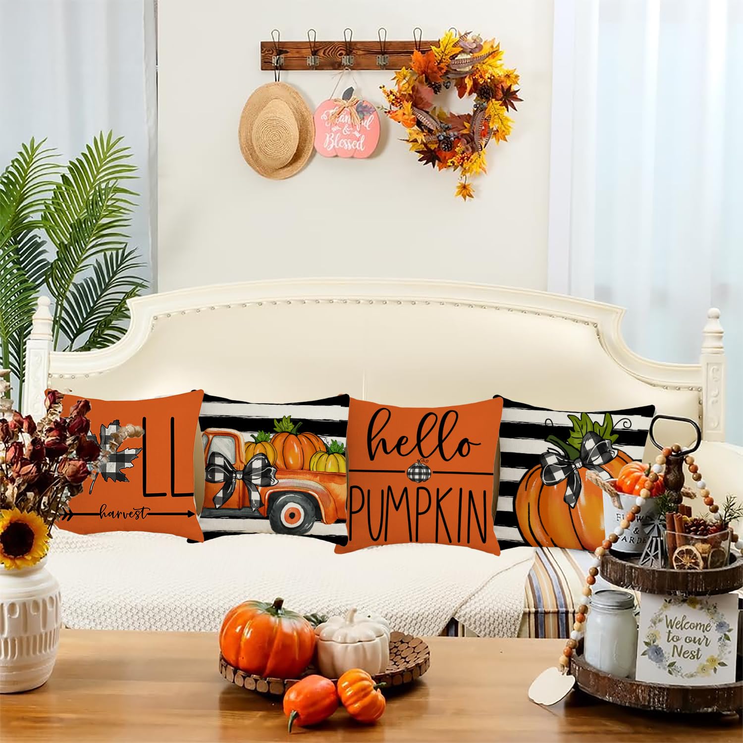 Set Of 4 Fall Pillow Covers 18x18 Inch - Thanksgiving & Autumn Decor For Couch - View #2