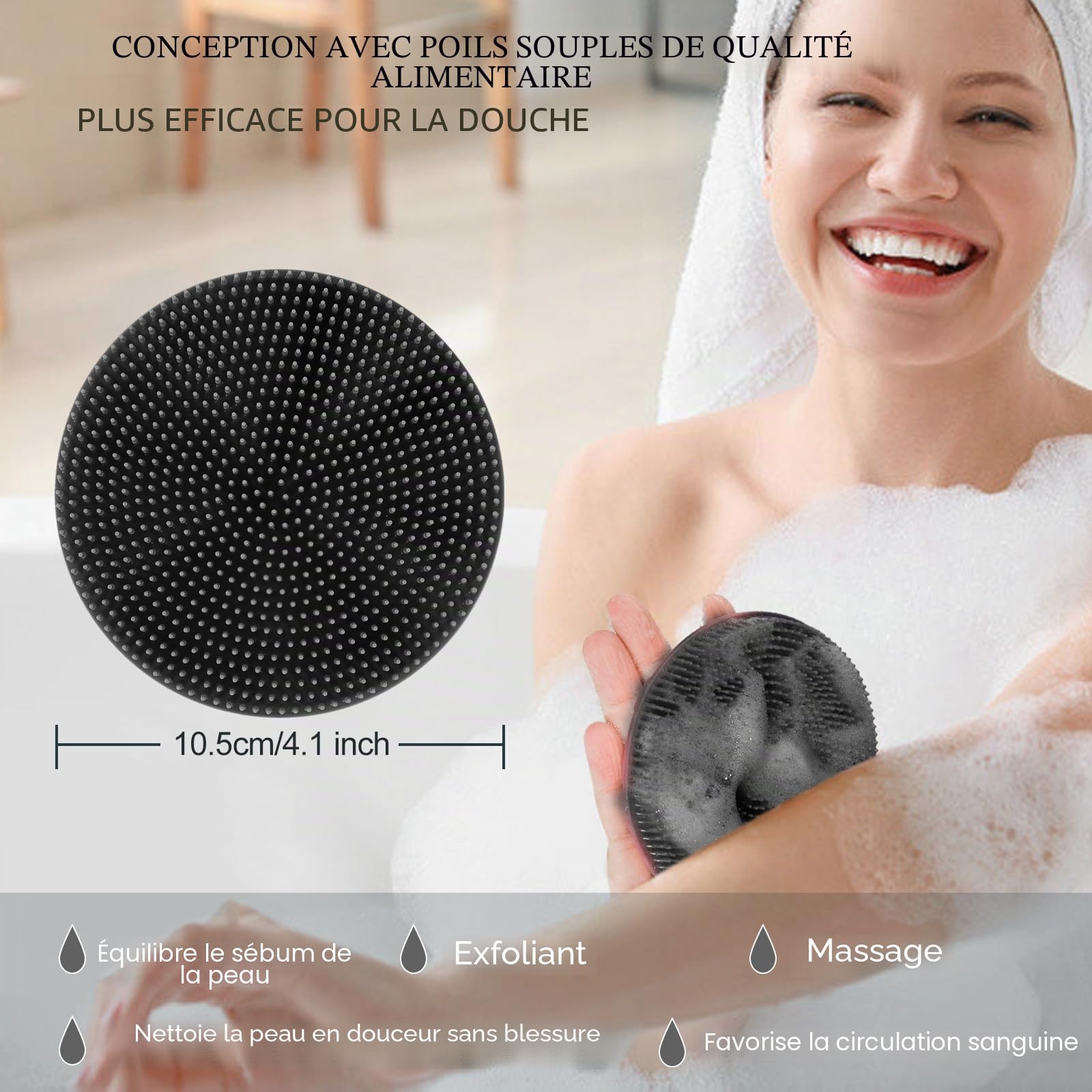 INNERNEED Brosse de douche en silicone souple de qualité alimentaire, exfoliante douce et moussante (noir)