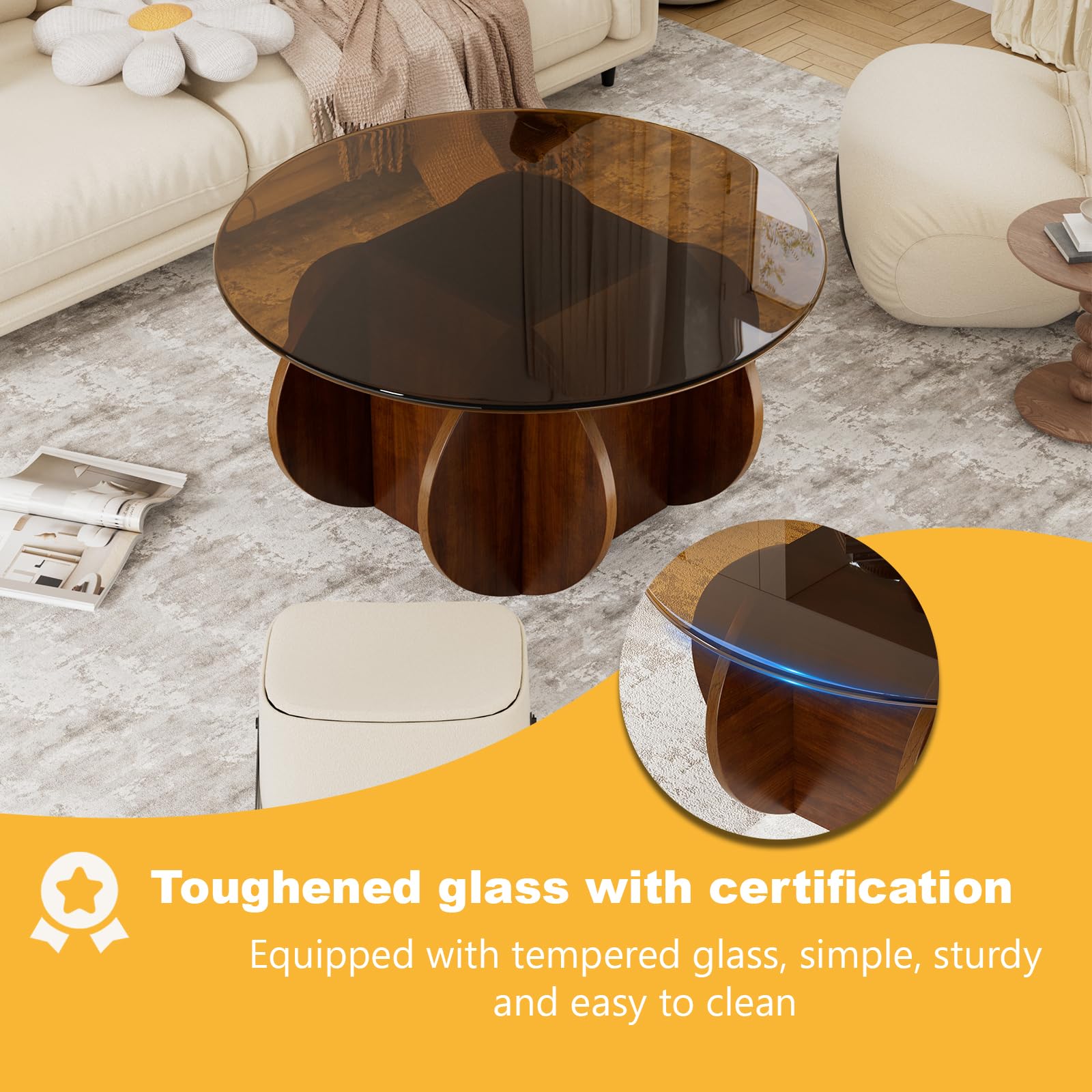 Mesa de Centro Redonda de Cristal Templado con Base De Madera Mesa de Salón Redonda Mesa Auxiliar Redond Mesa de Café de Salón Minimalista Mesita Baja Sofá para Salón Dormitorio Oficina Ø60cm * 40cmH