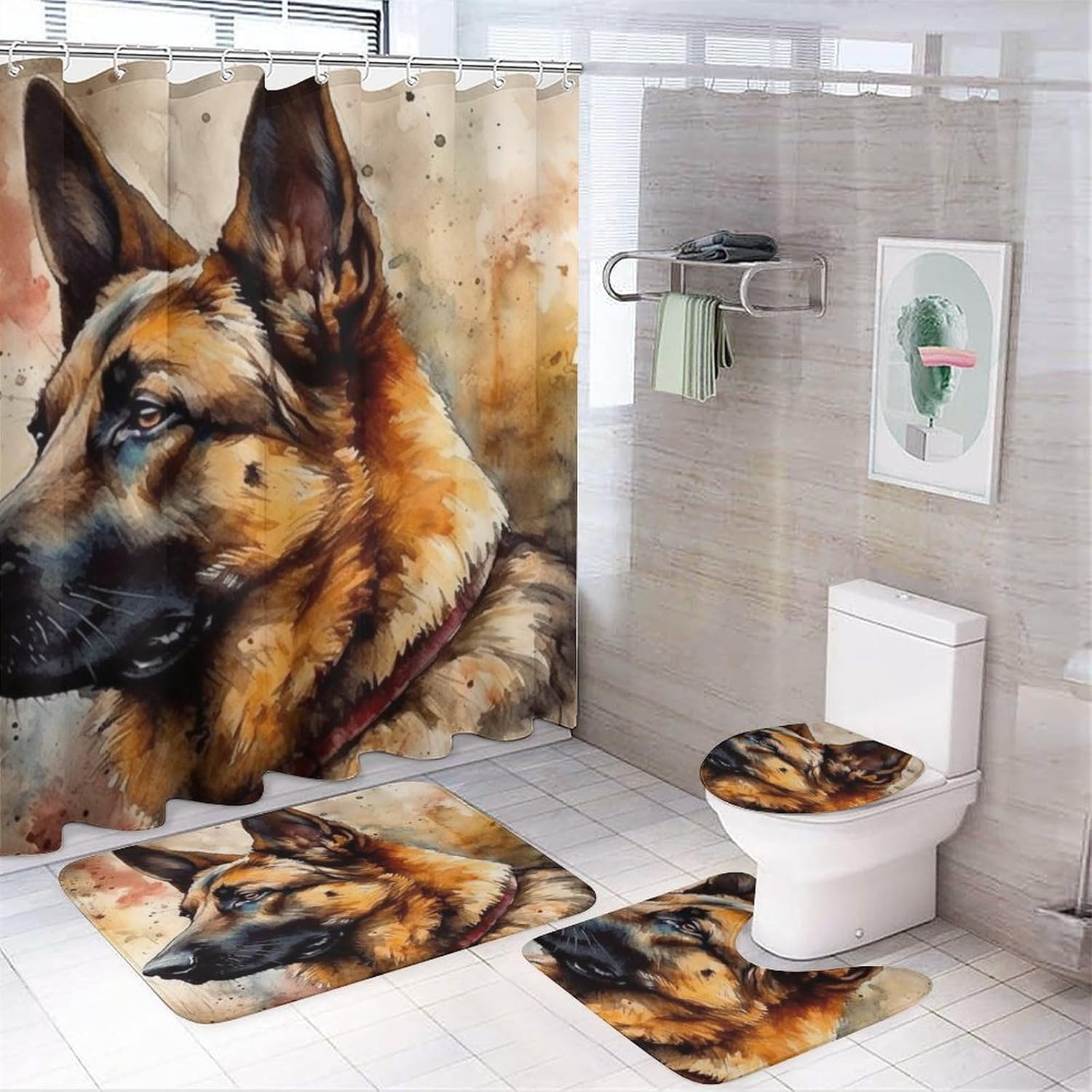 Abstract Animal Dog Shower Curtain Sets 4 Piece,Watercolor Oil Painting Style Cute German Shepherd Print Bathroom Decor Sets with Rugs Include Waterproof Non-Slip Toilet Lid Cover Bath Mat