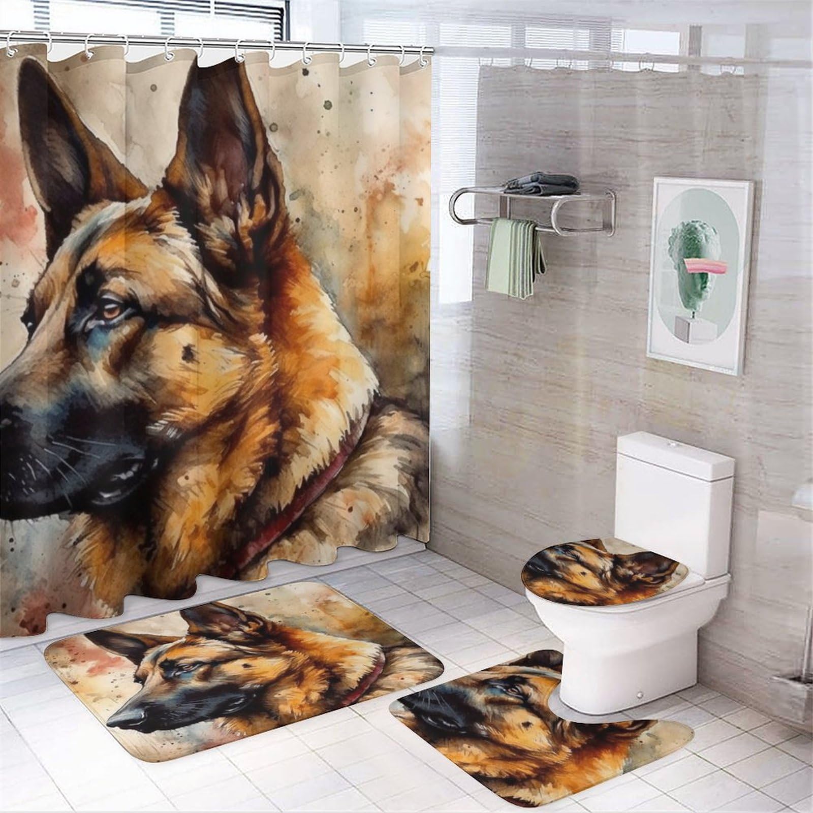 Abstract Animal Dog Shower Curtain Sets 4 Piece,Watercolor Oil Painting Style Cute German Shepherd Print Bathroom Decor Sets with Rugs Include