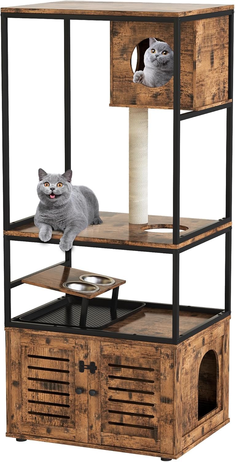 AWQM Large Cat Litter Box Enclosure,3 Level Tree Tower with Elevated Feeding Bowl,Scratching Posts,Hidden Washroom,Kitty Condo,All-in-One Wood Pet House/Cabinet Funiture,Rustic Brown (ALCL-L)