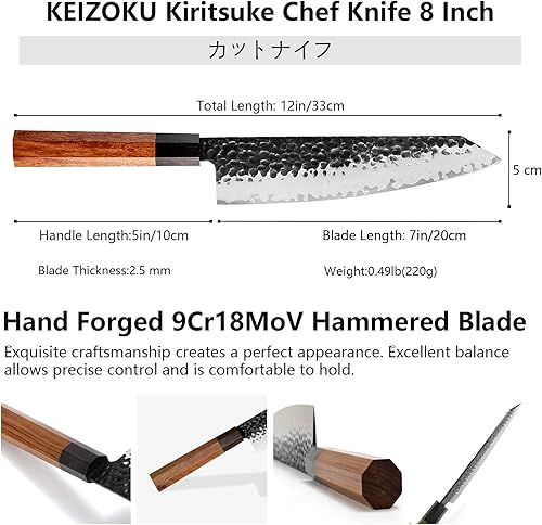 Miniatura 5 de Cuchillo de chef japonés Kiritsuke de 8 pulgadas, 3 capas, acero de alto carbono 9CR18MOV, cuchillo profesional para sushi de carne martillada a