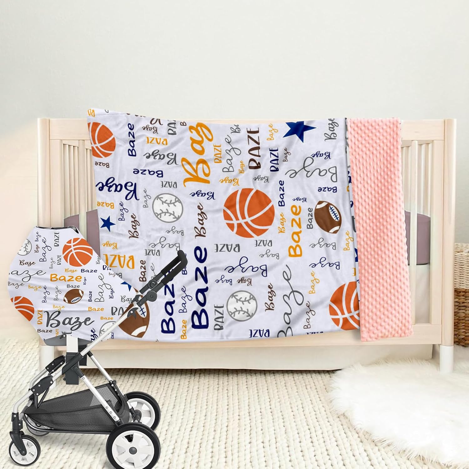Personalized Name Baby Blanket - Custom Blankets with Balls Pattern, Soft Nursery Crib Blankets with Double Layer Dotted Backing, Receiving Blanket for Baby Toddlers Birthday Gifts
