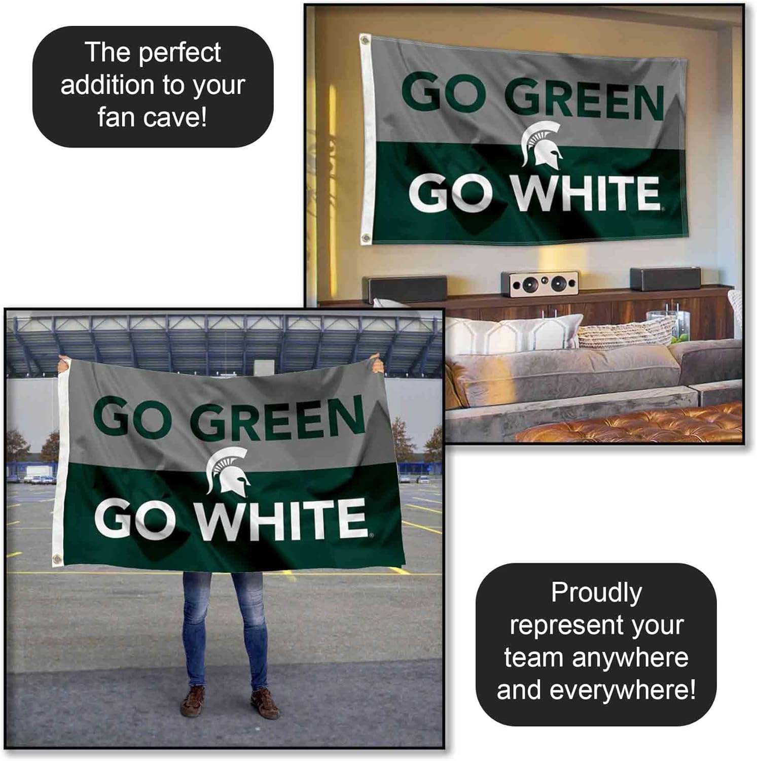 Michigan State Spartans Go Green Go White Large Outdoor Banner Flag