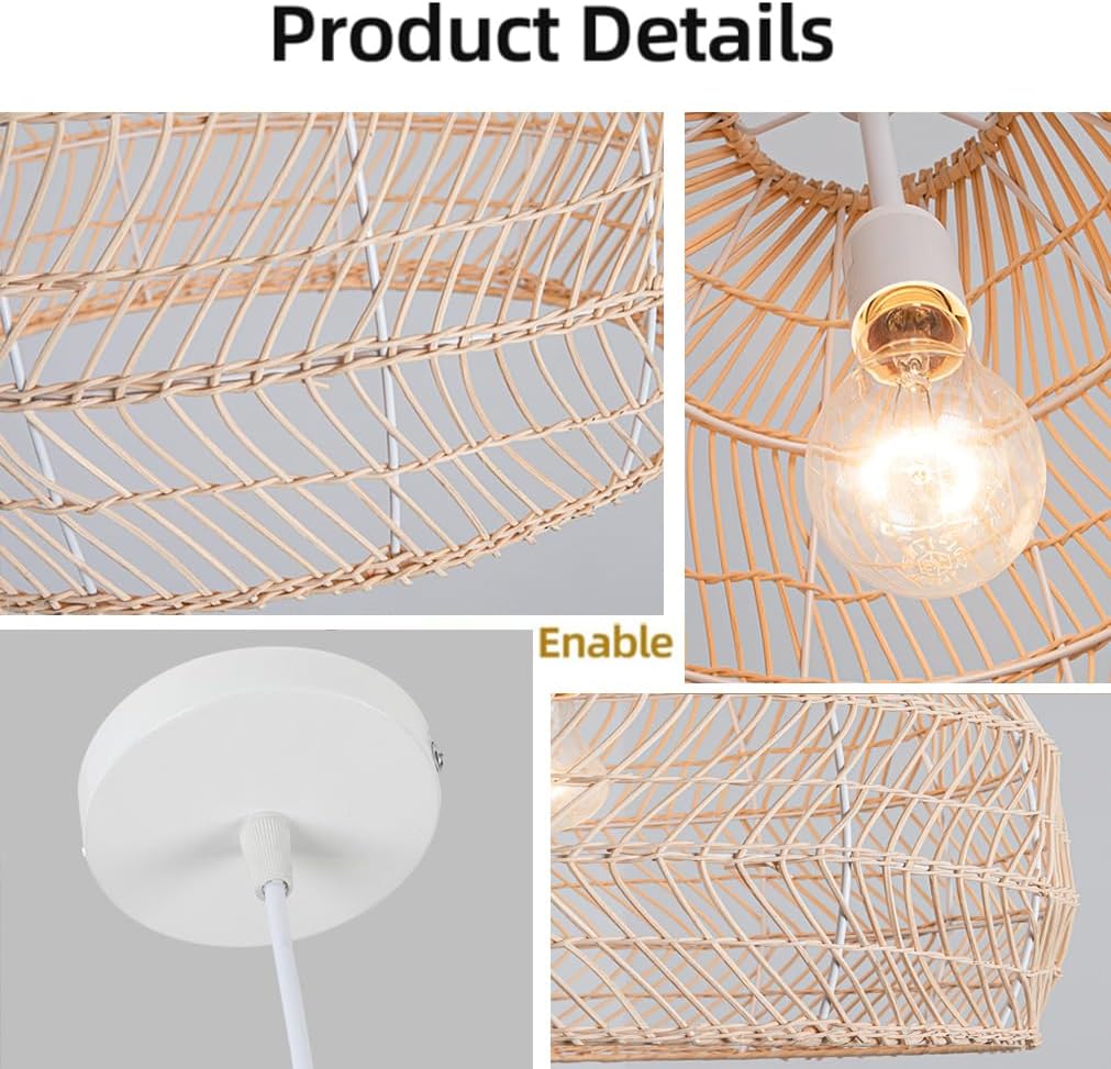 Rattan Hanging Light Bamboo Lamp Shade, 13.7in Wicker Chandelier Light Fixture Retro Japanese Rattan Basket Ceiling Lamp Ceiling Dining Room Kitchen Restaurant Tea Room Bedroom Living Room