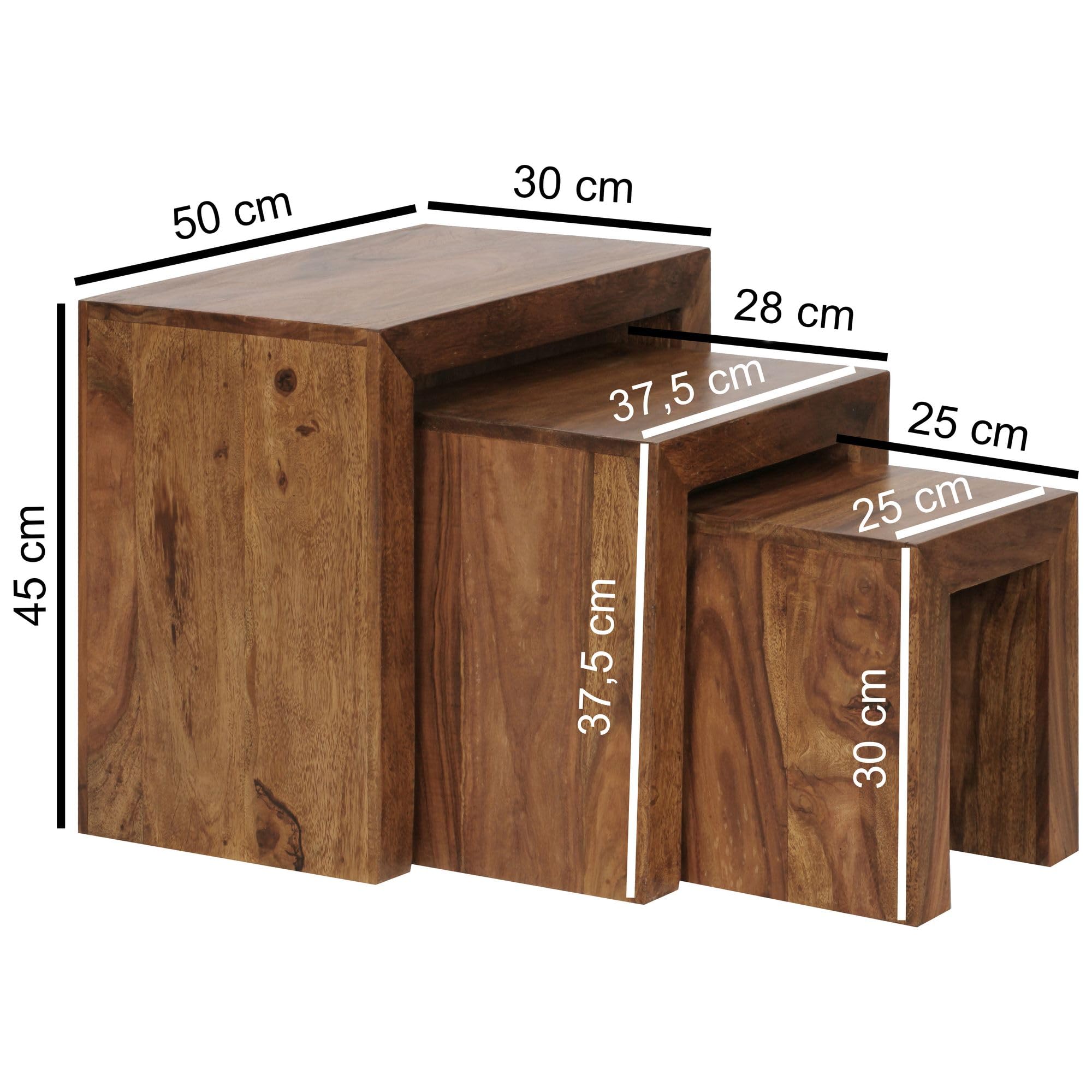 FineBuy set van 3 bijzettafels, massief hout, acaciahout, woonkamertafel, landhuisstijl, bijzettafel, donkerbruin, natuurlijk hout