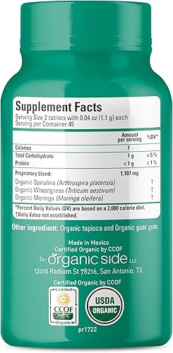Miniatura 3 de OS Organic Side - Verdes orgánicos (espirulina, pasto de trigo y moringa) 90 tabletas - Rico en vitaminas y minerales - Super Greens 1100 mg -