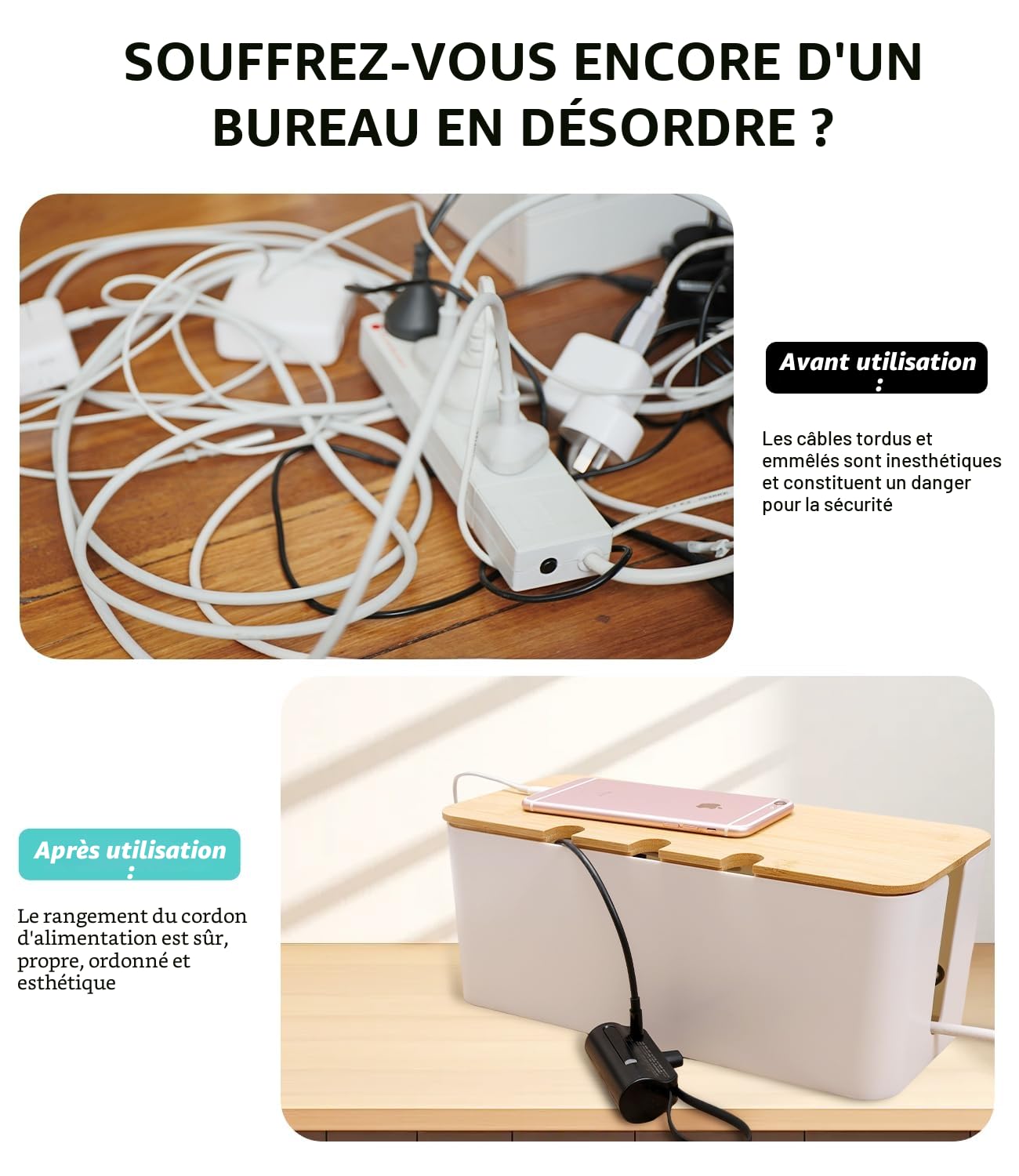Azyvum Lot de 3 Boite Rangement Cable,Boite Cache Cable,Boite Cache Cable Multiprise,Cable Box Cachez et cachez les multiprises et les cordons électriques des téléviseurs,ordinateurs et bureaux