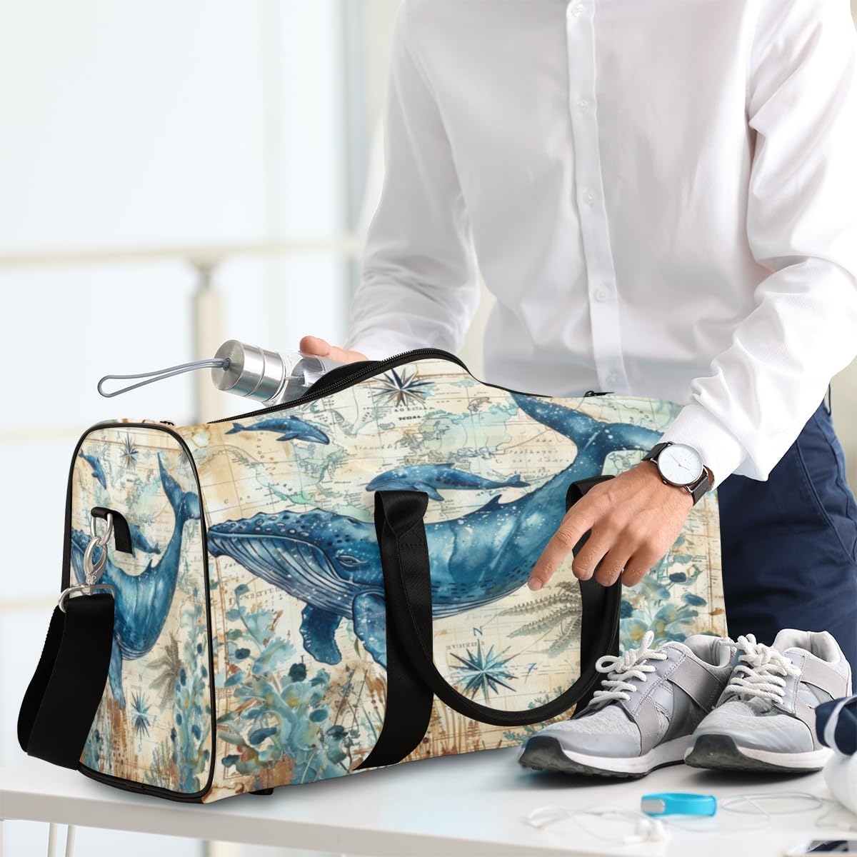 Vintage Map Whale Travel Duffel Bag for Women Men Large Capacity Overnight Weekender Bags for Lightweight Waterproof Sport Gym Bag for Workout Yoga Swim