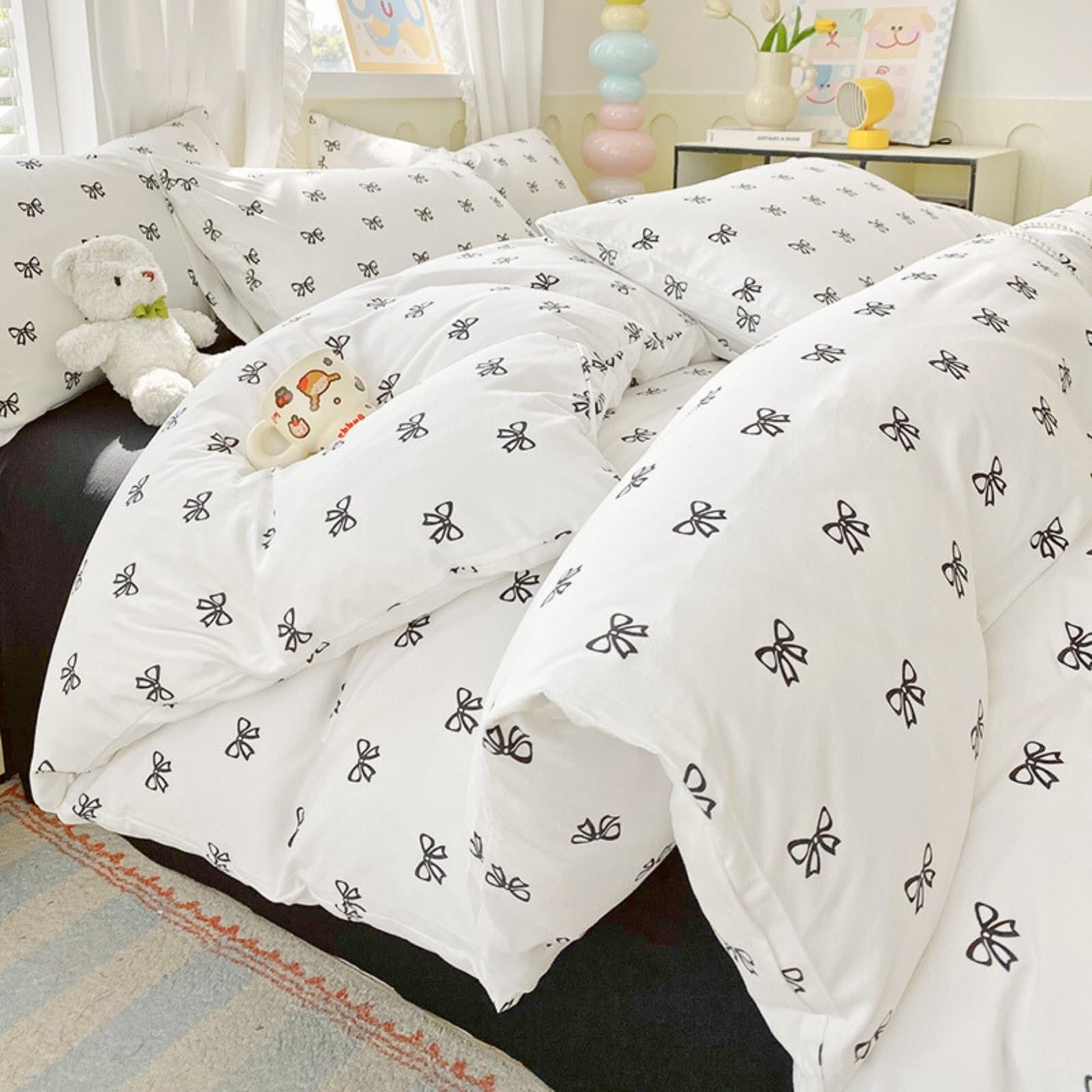 Michorinee Double Duvet Cover Set Schwarz Bow Tie Print White Bedding Set Kawaii Style Girls Aesthetic Cute Bowknot Renforce Microfibre Quilt Cover 200x200 cm with Zipper Closure Pillowcase 50x75
