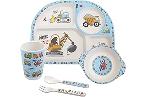 Construction Themed Cute Kids Feeding Set with 5Pcs Flatware for Toddlers