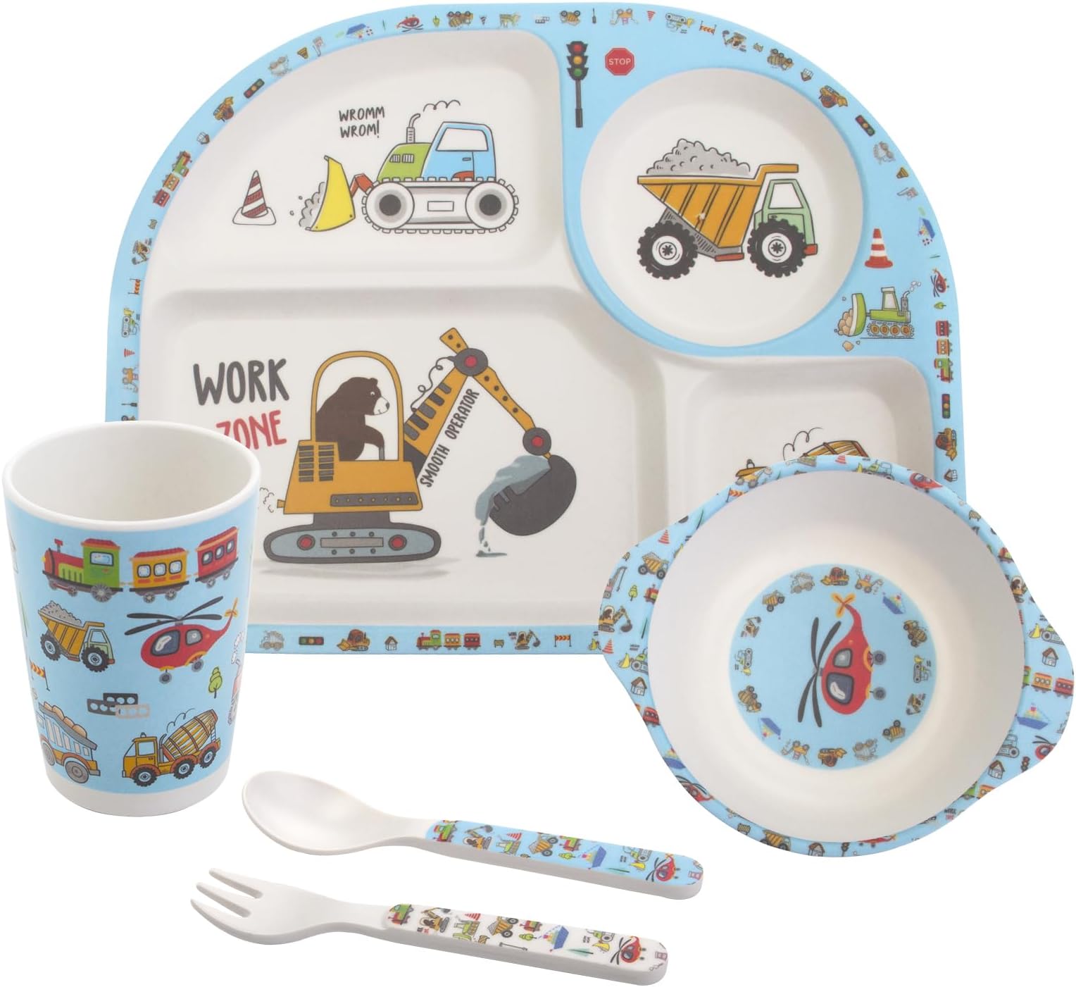 Kids Tableware Set, 5 Piece Kids Dinnerware Set with Children's Plates, Bowl, Glass, Spoon, Fork, Melamine Tableware, Dishwasher Safe, BPA Free
