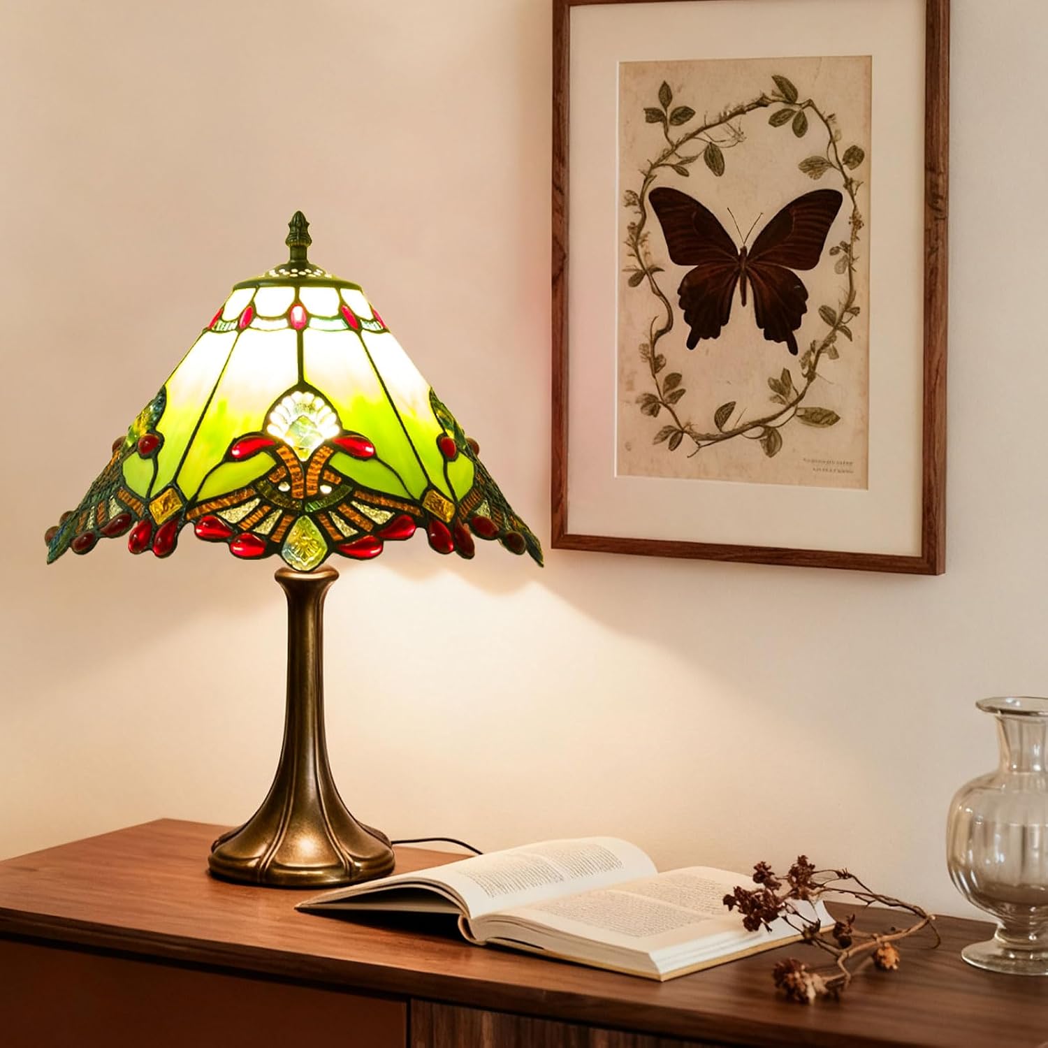 Crefotu 12 Inch Baroque Style Tiffany Table Lamp, Vintage Stained Glass Desk Lamp with Remote Control, 3 Color Temperature & Brightness Level for Office Home Bedroom Living (Green)