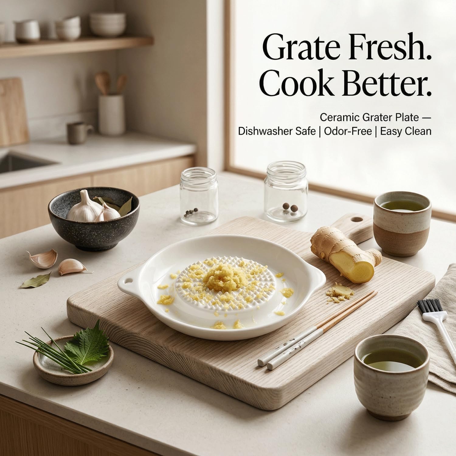 Ceramic Garlic Grater Plate, Ginger Grinder & Garlic Mincer with Raised Teeth, Multi-Function Manual Grater, Vegetables, Fruit & Spices, White (Round)
