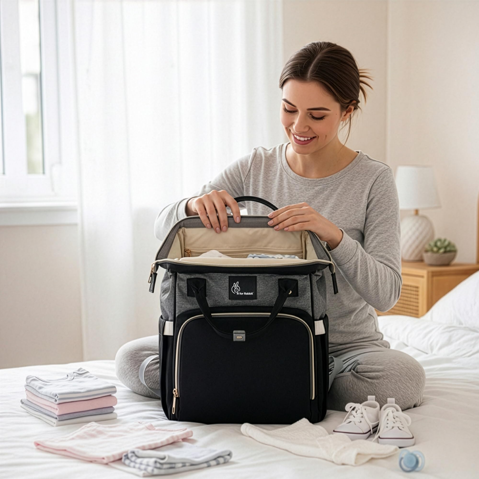 R for Rabbit Caramello Diaper Bag for Mother Stylish Travel Friendly Waterproof Maternity Bag, Multipurpose Durable Large Capacity Babies Diaper Backpack For Mom (Grey Black)-image-37