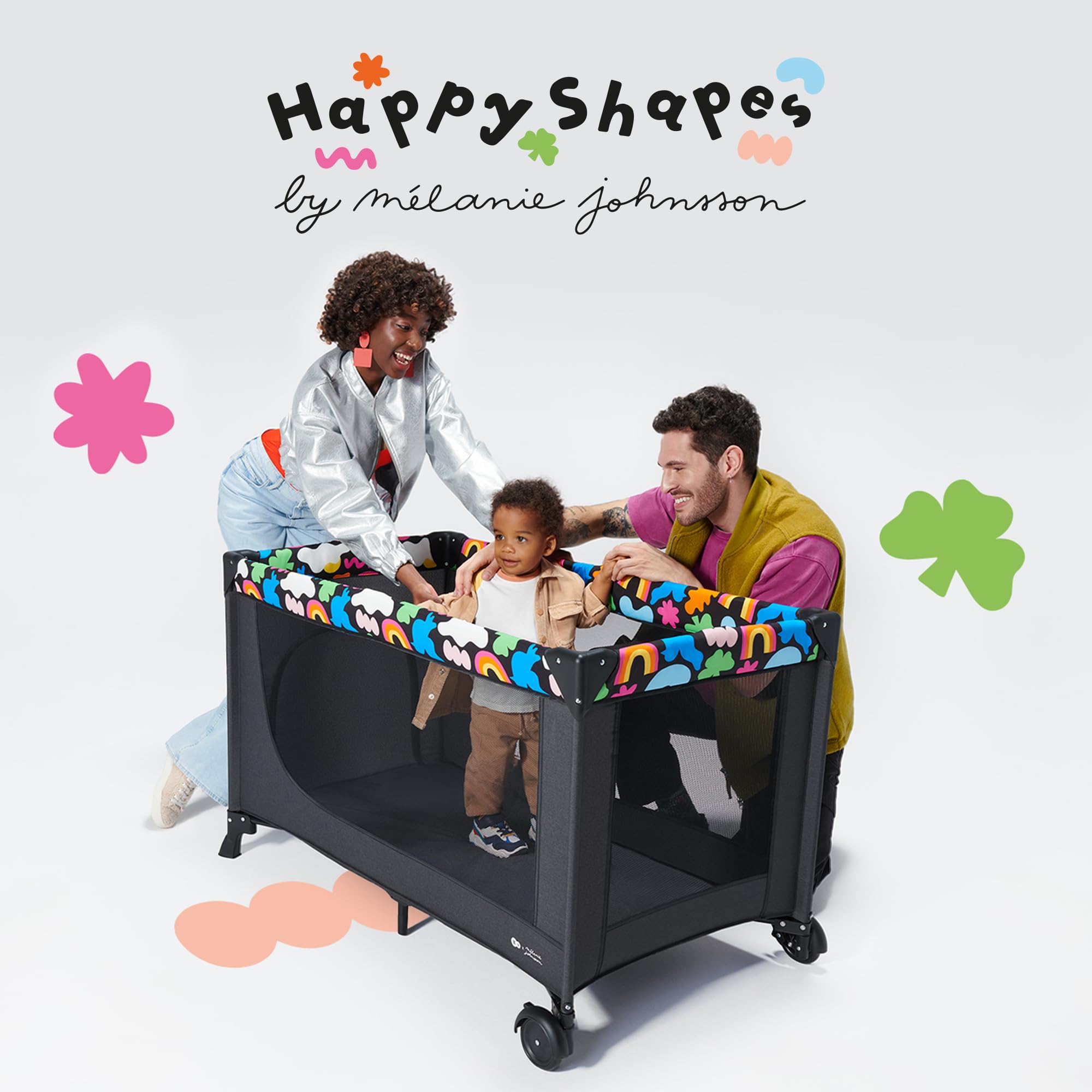 Kinderkraft JOY 2 Lettino Bambino 2 in 1, Culla Viaggio, Pieghevole, Giocattoli, Borsa Trasporto, per Bambini da 0-25 Kg, Happy Shapes