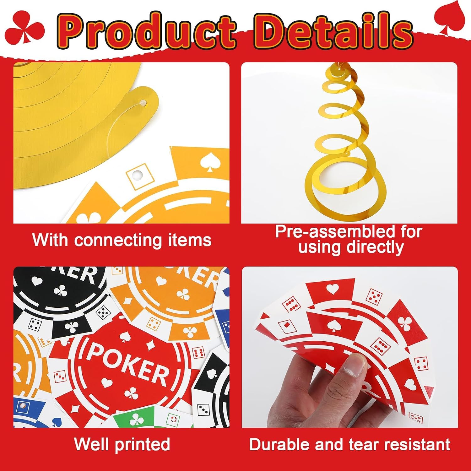 Naozinebi 72Pcs Casino Theme Party Decorations Las Vegas Night Hanging Swirls Poker Party Paper Cutouts Ceiling Streamers Casino Night Theme Party Supplies for Birthday Party Favors Decor