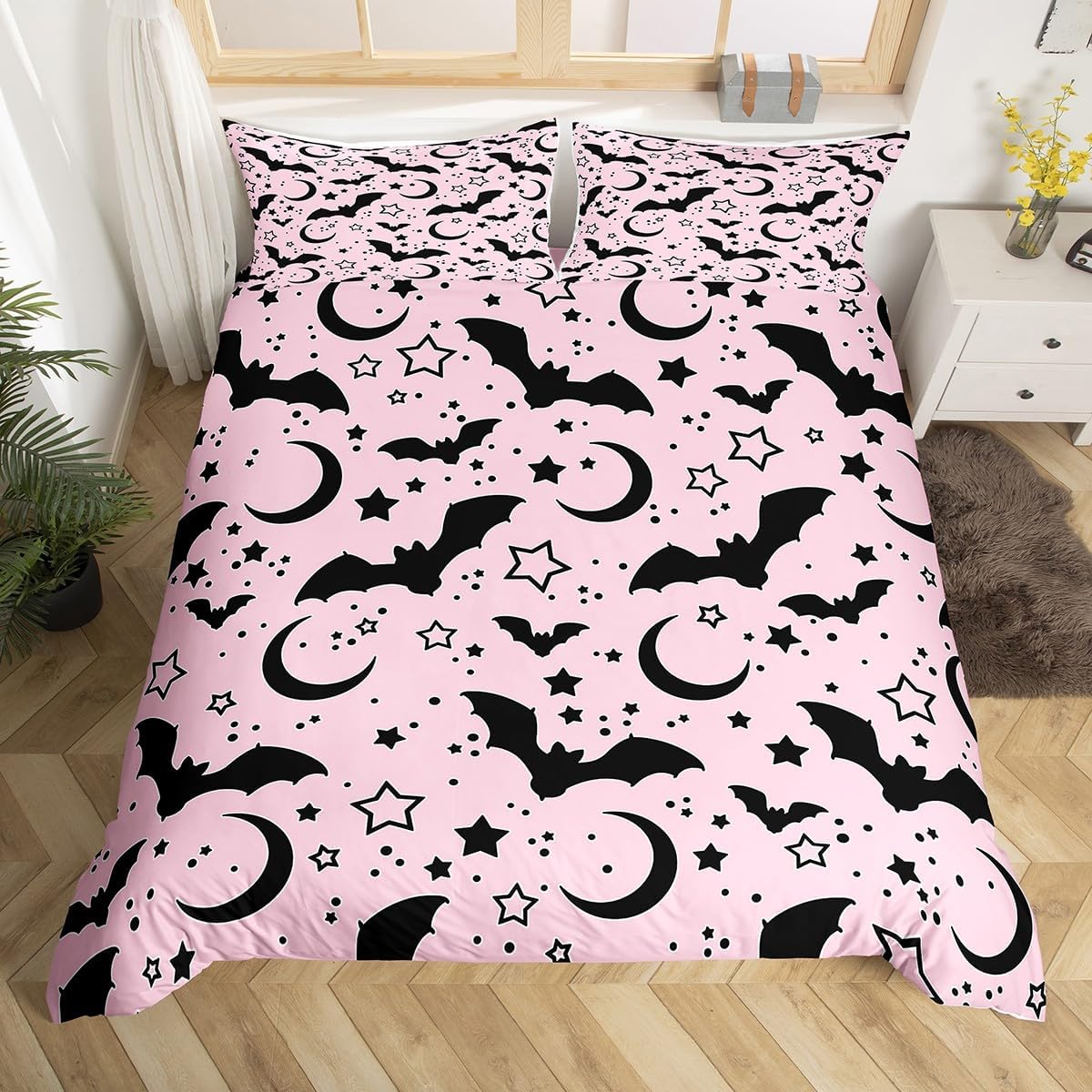 jejeloiu Kids Bat Bedding Set Halloween Bat Print Duvet Cover Queen Size for Boys Girls Teens Bedroom Decor Wild Animal Comforter Cover Set Pink Black Bedspread Cover with 2 Pillow Case,No Comforter