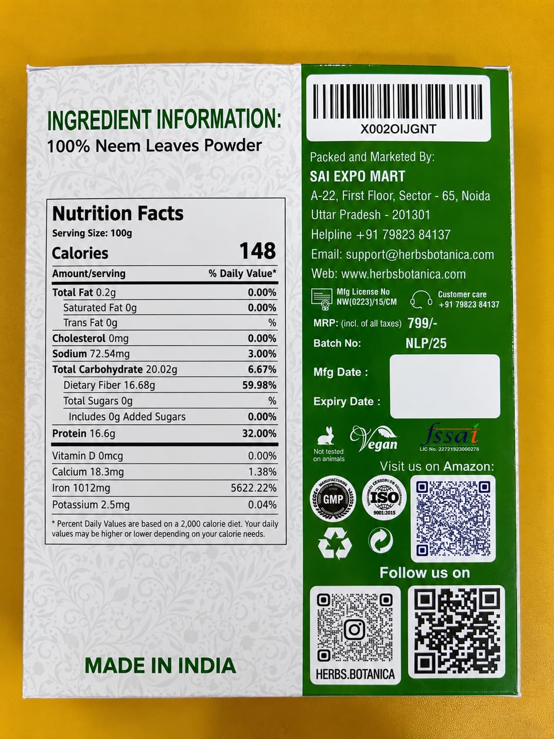 Herbs Botanica Neem Powder 150g - Pure Leaf Powder for Hair & Skin Care — Amazon image 2