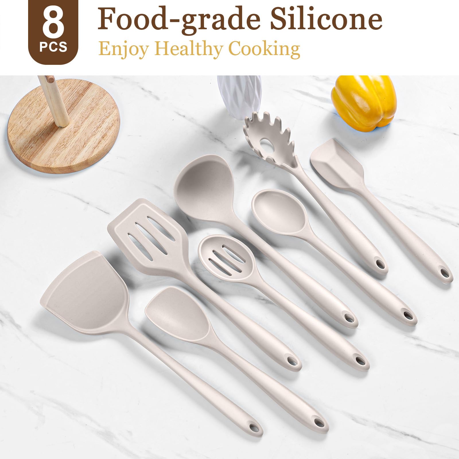 LIANYU Juego de 8 utensilios de cocina de silicona resistentes al calor, utensilios de cocina de grado alimenticio para utensilios de cocina antiadherentes, incluye espátula de silicona, cuchara,