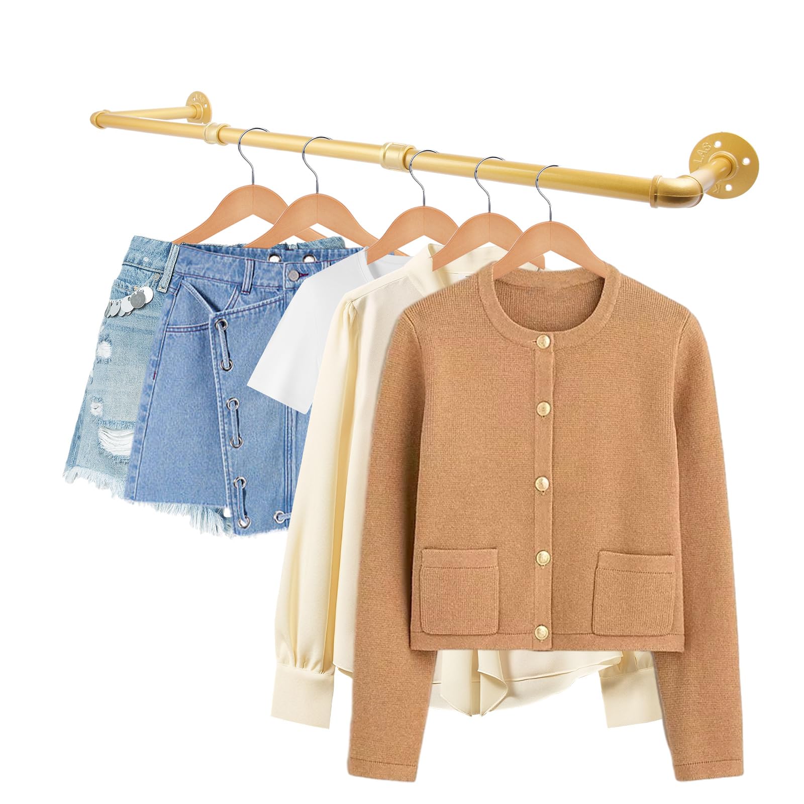 DAJAVE Clothes Rail Wall Mounted 100cm Industrial Pipe Gold Clothes Rack Heavy Duty Clothe Hanging Rail Wall Mounted Tidy Rails Garment Clothe Bar for Home Shops and Closets