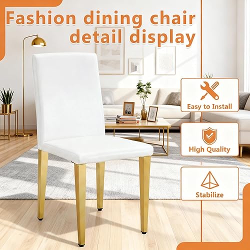 Miniatura 6 de Juego de 4 sillas de comedor modernas, piel sintética blanca con patas de metal dorado, 35.4 x 16 x 18.5 pulgadas, asientos acolchados de esponja de