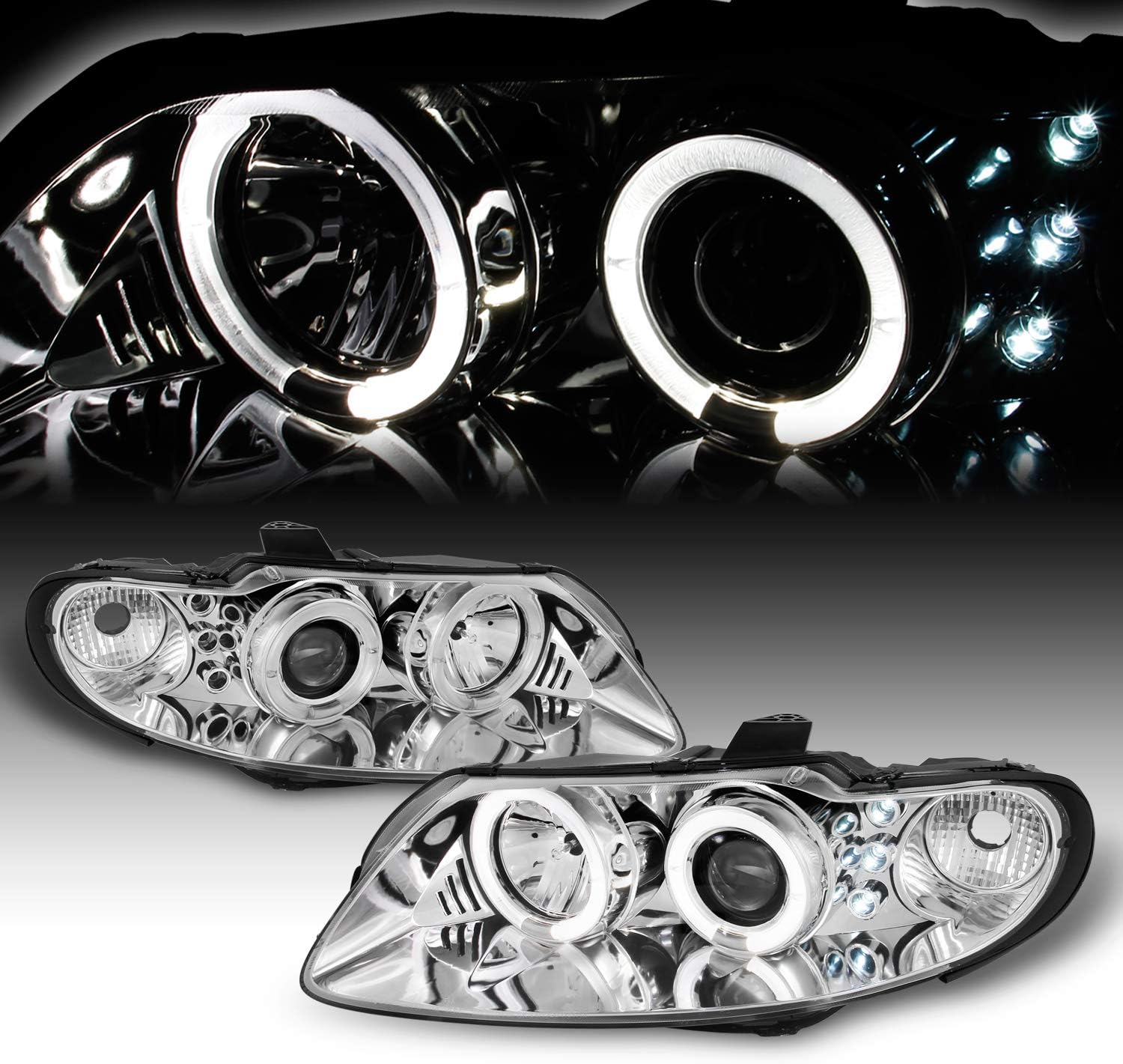 AKKON - For Pontiac GTO Chrome Clear Dual LED Ring Projector Replacement Headlights Front Lamps Left/Right Pair