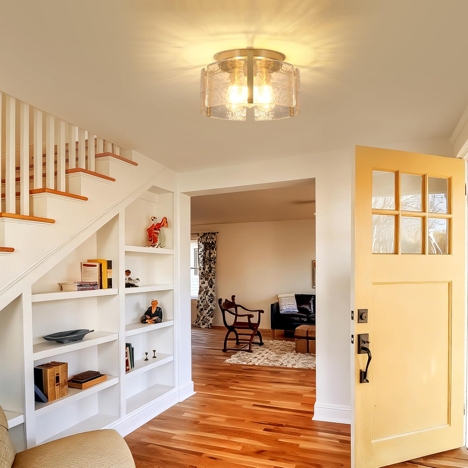 15" Modern Semi Flush Mount Ceiling Light, Brushed Nickel 3-Light Fixture with Glass Drum, Dimmable Hallway Lighting for Entryway, Kitchen, Bedroom, Bathroom