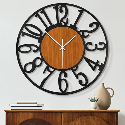 Miniatura 9 de Maxstar - Reloj de pared redondo para decoración de sala de estar, funciona con pilas, sin tictac, de metal negro y madera, para decoración del