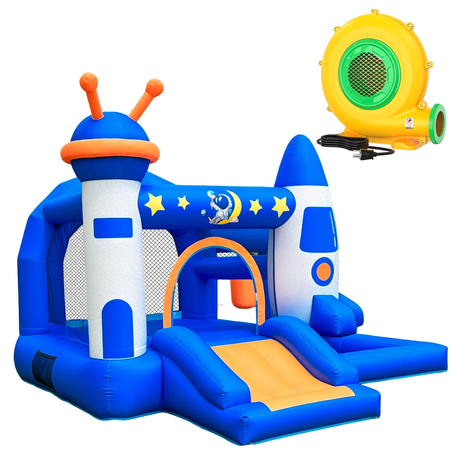 Photo 1 of LZLXXLZL Kid Bounce House, Space Rocket Theme Inflatable Bounce House for 3-6 with 370W Blower, Basketball Hoop, Slide, Ball Pit (Balls Not Included), Storage Bag, Bouncy Castle for Indoor Outdoor Use