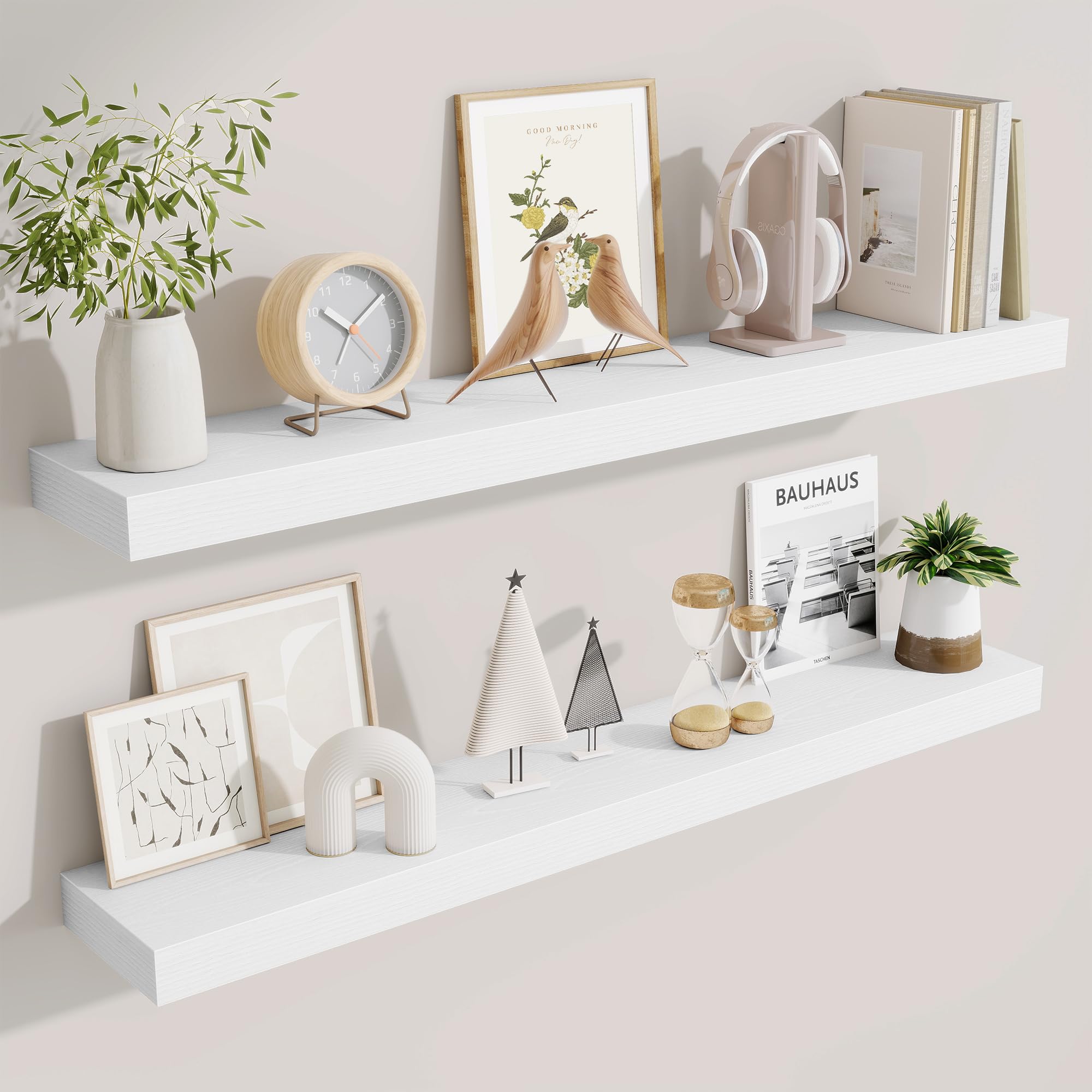 Fun Memories 40 Inch Floating Shelves, Long Wood Wall Shelf Set of 2 with Invisible Brackets, for Bathroom, Living Room, Bedroom, Kitchen, White
