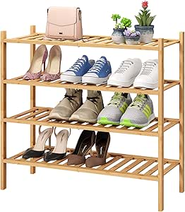 viewcare 4-Tier Bamboo Shoe Rack for Entryway, Stackable | Foldable | Natural, Shoe Organizer for Hallway Closet, Free Standing Shoe Racks for Indoor Outdoor