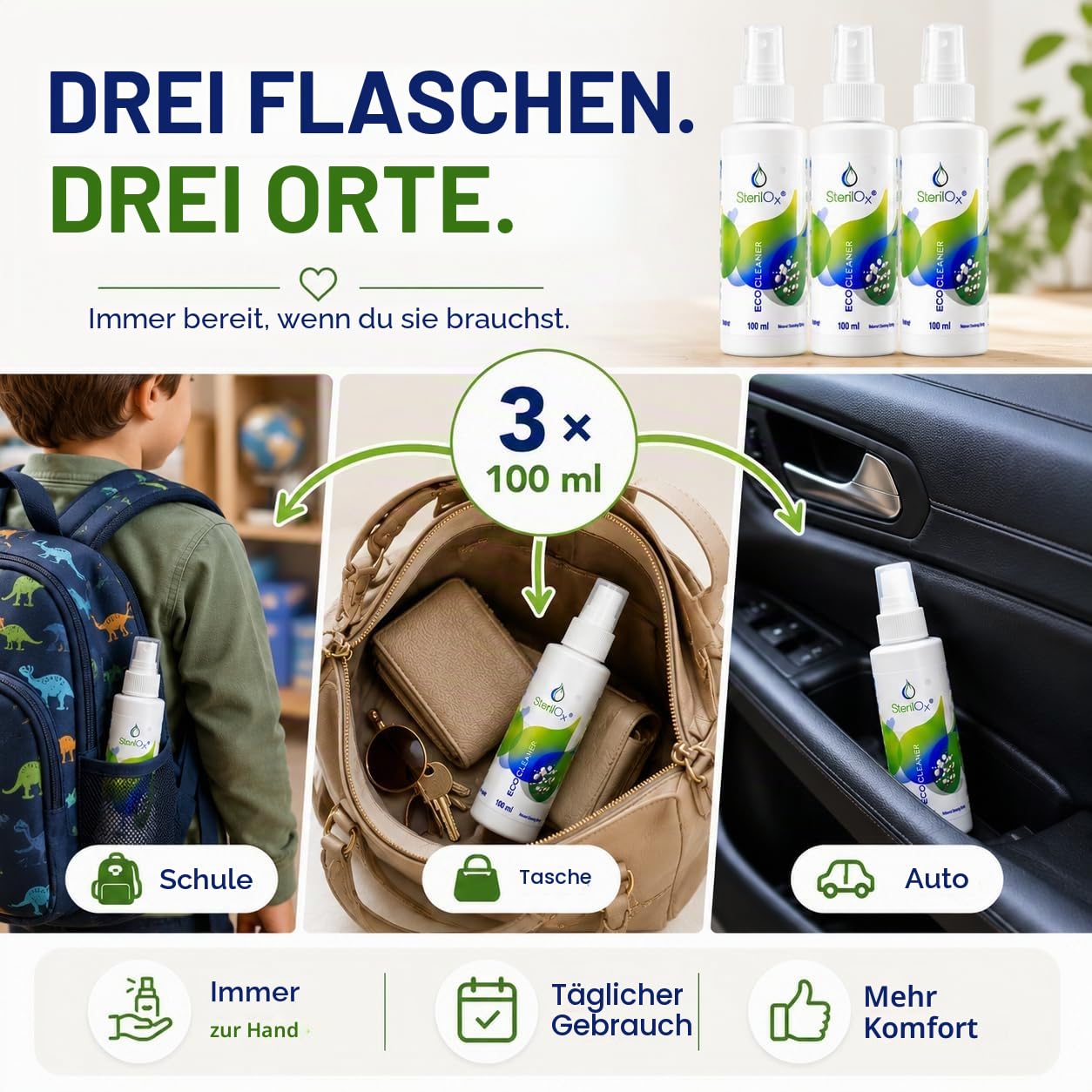 HOCl Spray für Hände, Haut & Zubehör 3x100ml – ohne Alkohol | HOCl Spray für Hände, Haut & Zubehör 3x100ml – ohne Alkohol & Parfüm