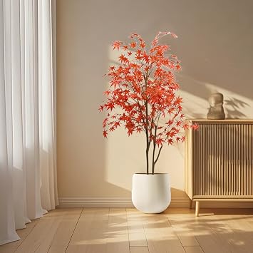6ft Autumn Maple Artificial Fall Tree, Large Faux Tree for Home Decor Autumn Porch Tree with Plastic Planter for Fall Party Home Decoration Thanksgiving Harvest Double Pole 180cm