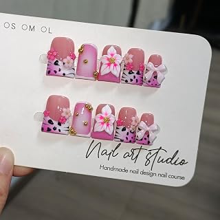 10Pcs Ballerina Press On Nails With Tools,Animal Print Flushed French Tips Glue on Nail with Gold Beads,3D Bow Flowers Designs Fake Nails,Glitter Sweet Punk Acrylic Duckbill Coffin Nails(M)
