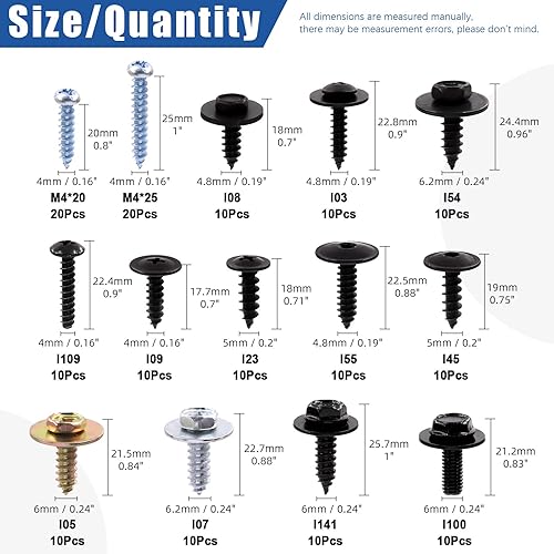 Miniatura 2 de Glarks 160 piezas de 12 tamaños de tornillo de retención de tornillo para motor de automóvil debajo de la cubierta, protección contra salpicaduras,