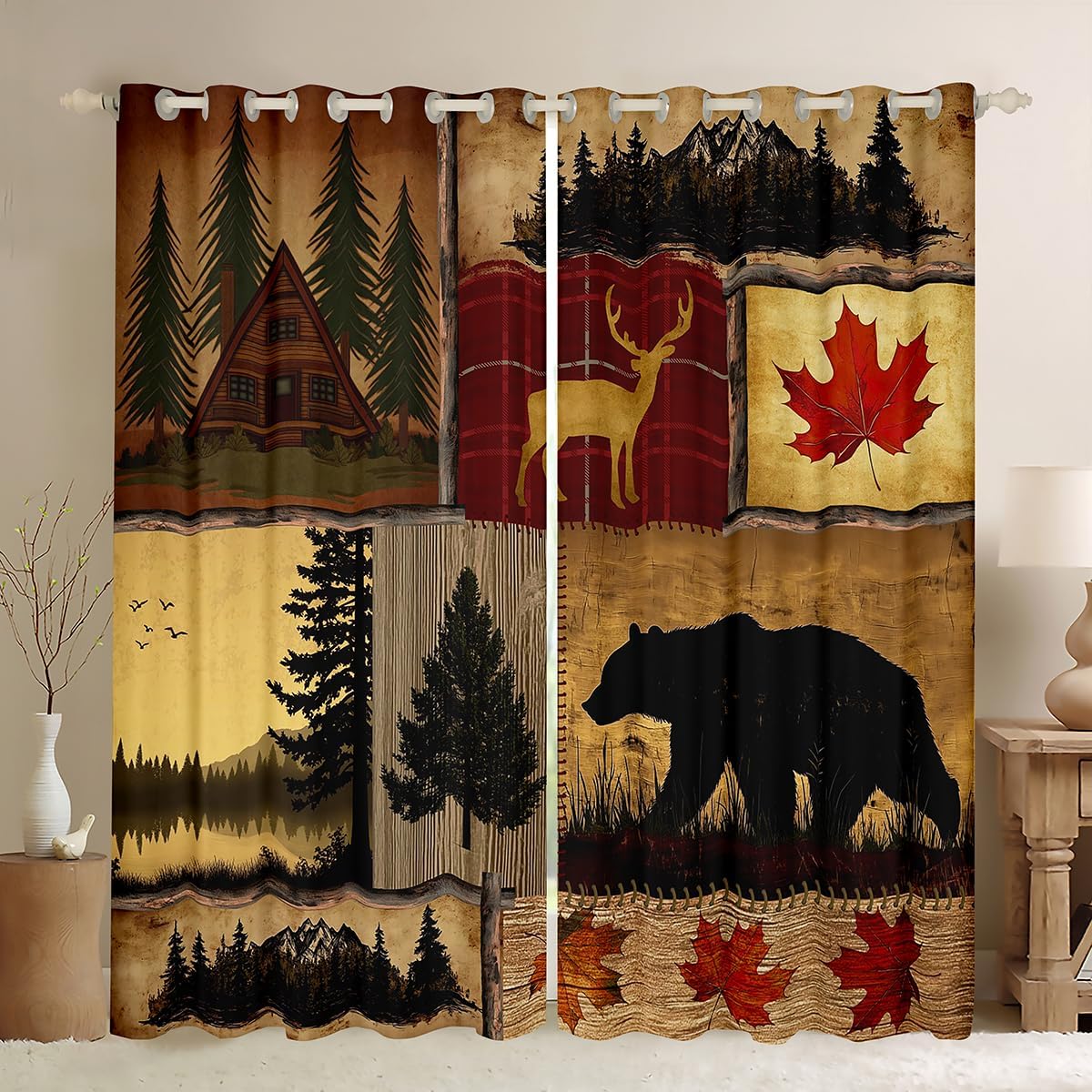 Patchwork Rustic Cabin Blackout Curtains For Bedroom Living Room 38"Wx45"L,Woodland Animal Deer Bear Curtains & Drapes Farmhouse Lodge Window Curtains Camping Mountain Pine Trees Curtains 2 Panels