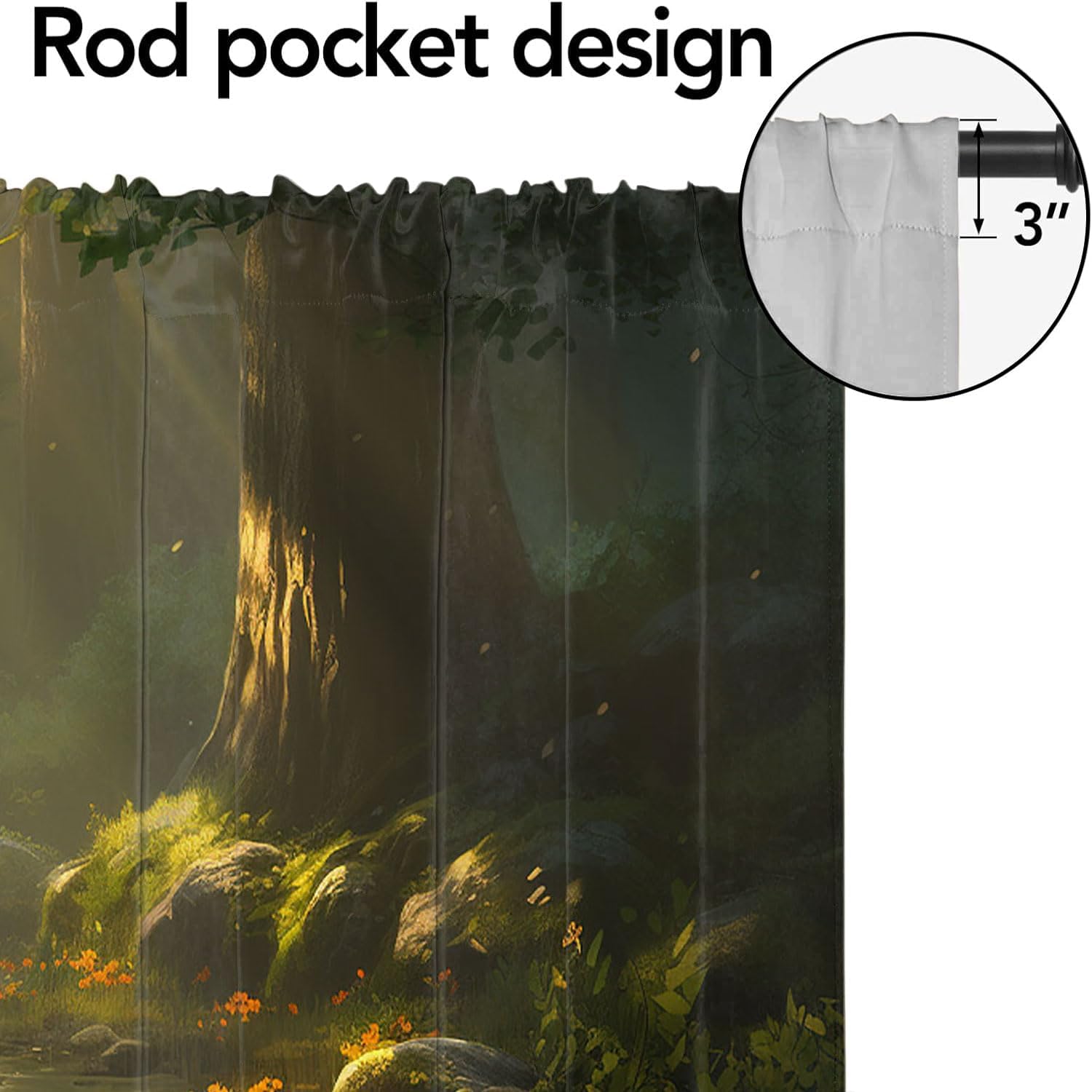 Forest Deer Rod Pocket Valances Curtains for Kitchen Foggy Woodland Tree Flowers Wild Animals Thermal Insulated Small Window Curtain for Kitchen Living Room Bedroom 54 x 18 Inch, 2 Panel