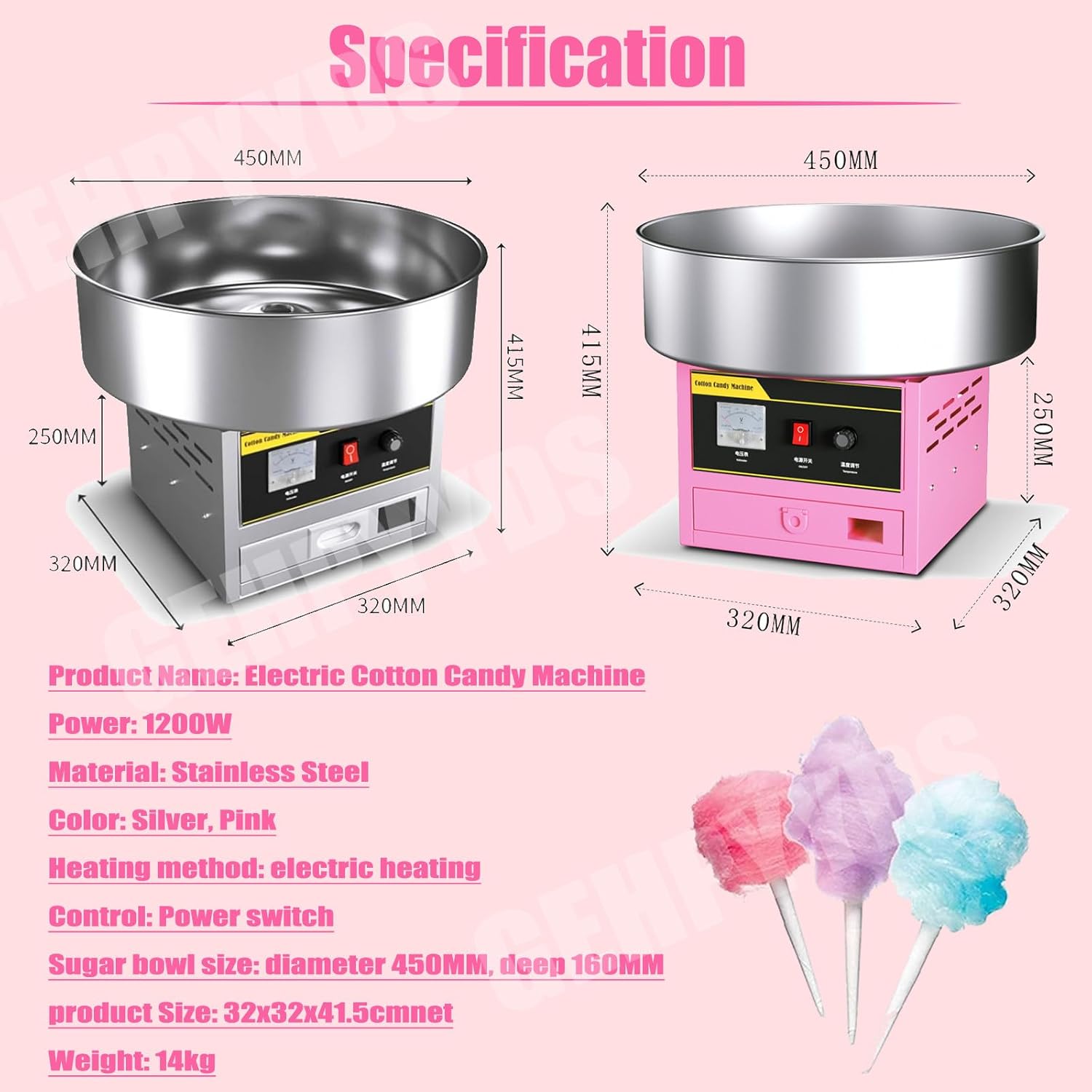 1200W Stainless Steel Professional Cotton Candy Machine - Commercial Grade Maker with Tray for Delectable Cotton Candy - Perfect for Parties and Birthdays(Silver)